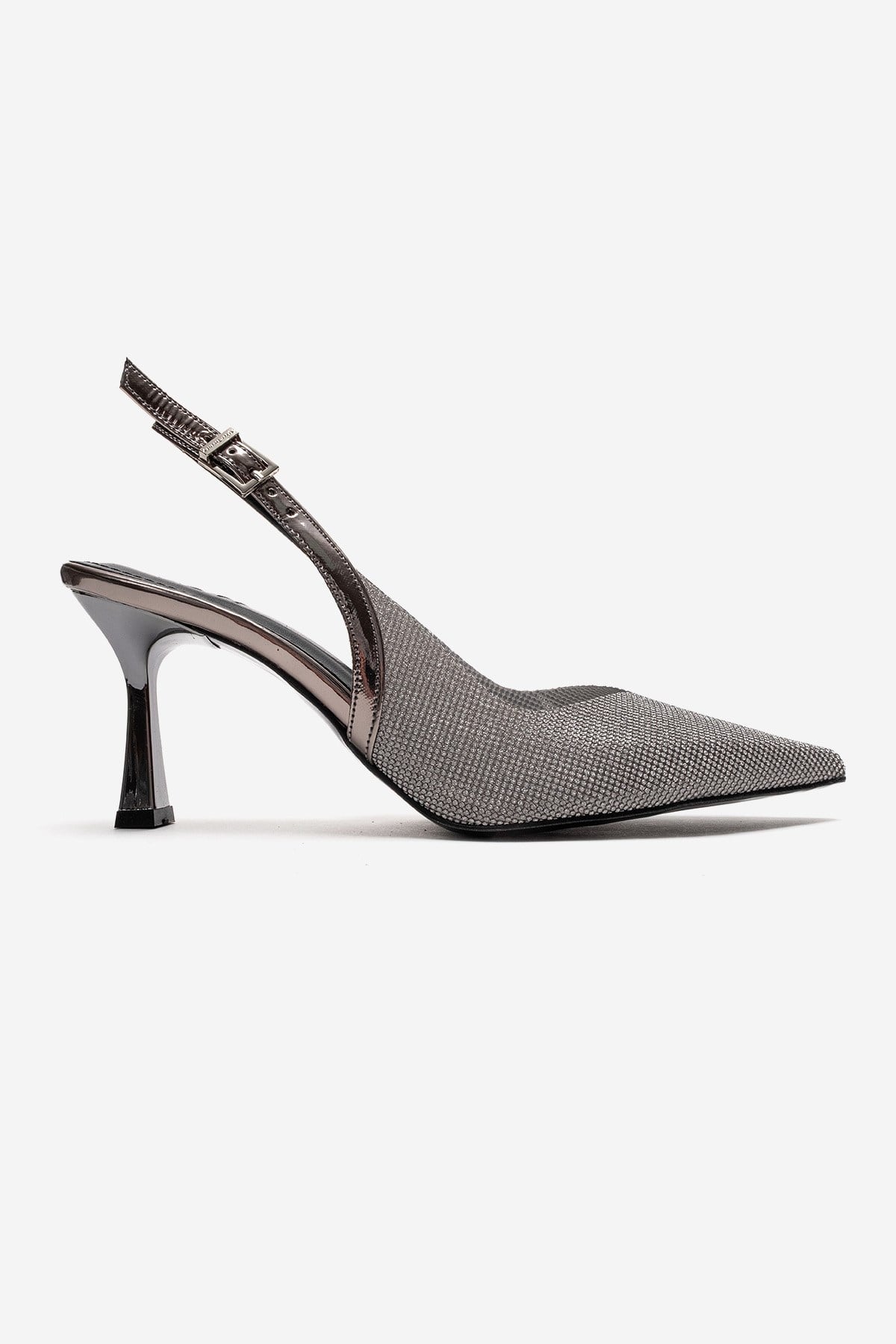 Dorata - Platinum Embellished Stiletto Pump – heel view showing leather, glitter, metallic, SimmiUnique