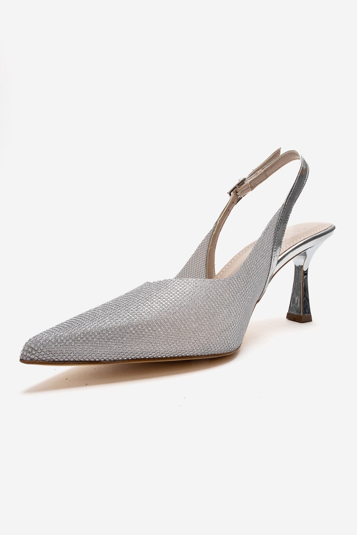 Dorata - Silver Embellished Stiletto Pump – top view showing leather, glitter, silver, SimmiUnique