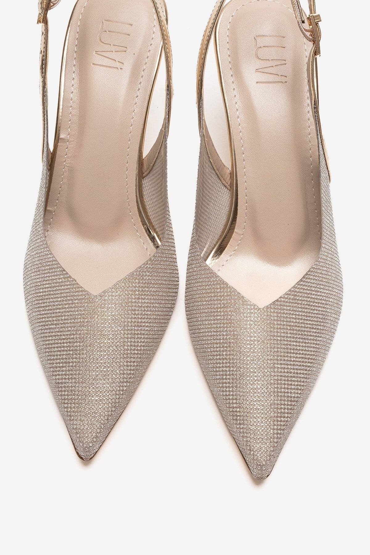 Dorata - Gold Embellished Stiletto Pump – side view showing leather, glitter, gold, SimmiUnique