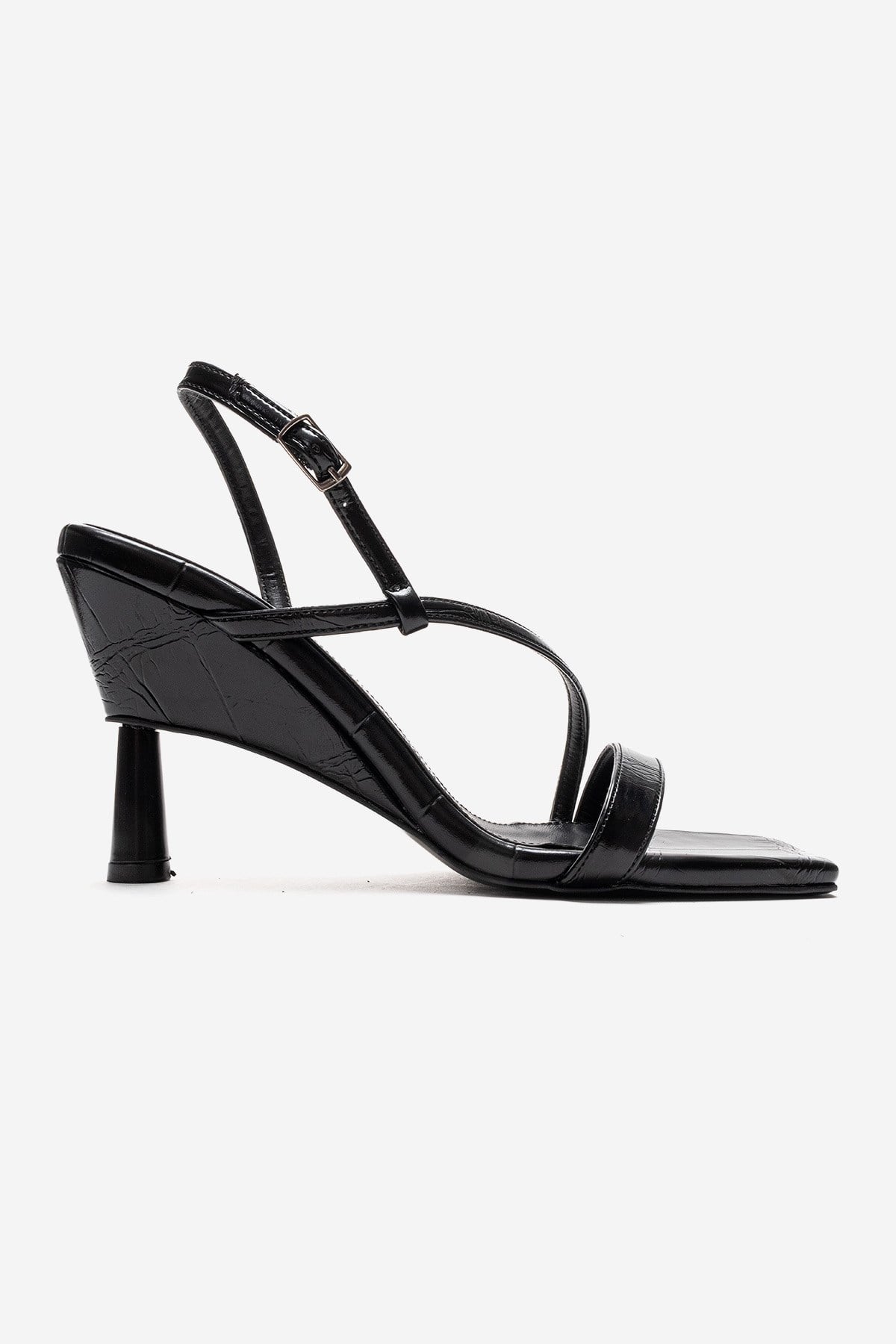 JOLENE - Black Stiletto Pump – heel view showing leather, black, SimmiUnique
