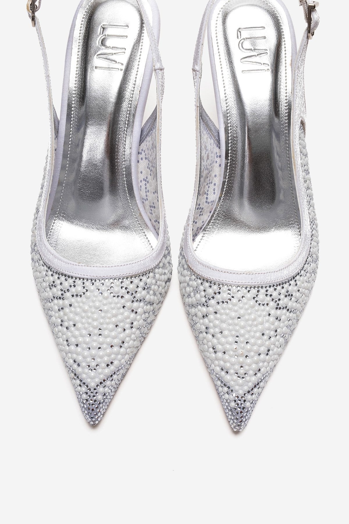 Frea - White Textile Stiletto Pump – side view showing pearl, crystal, leather, SimmiUnique