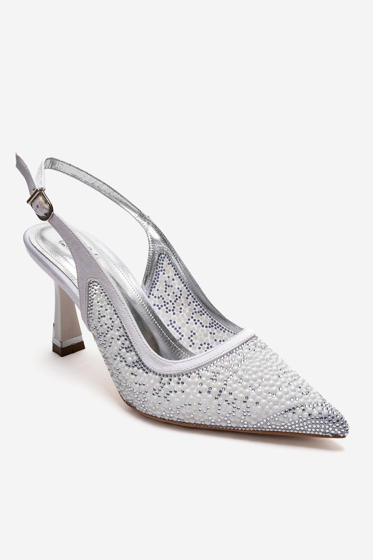 Frea - White Textile Stiletto Pump – heel view showing pearl, crystal, leather, SimmiUnique