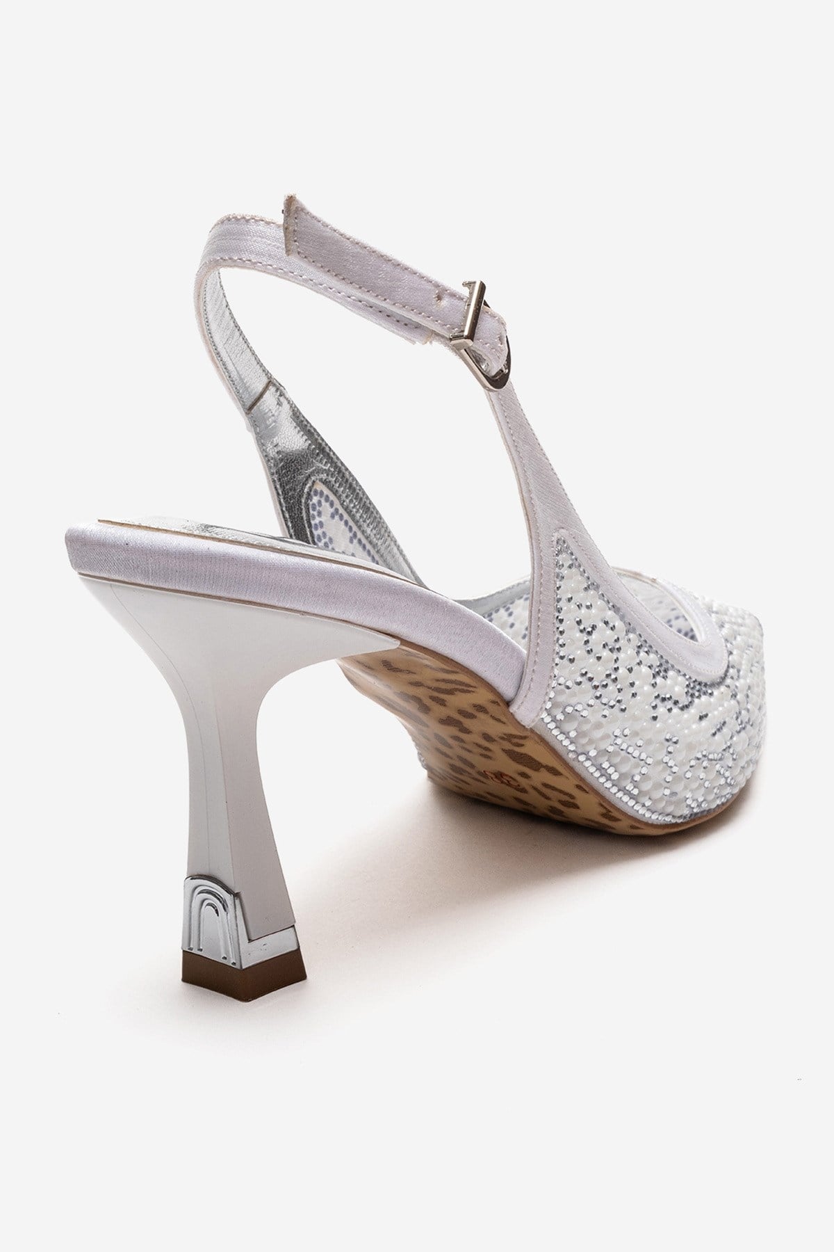 Frea - White Textile Stiletto Pump – back view showing pearl, crystal, leather, SimmiUnique