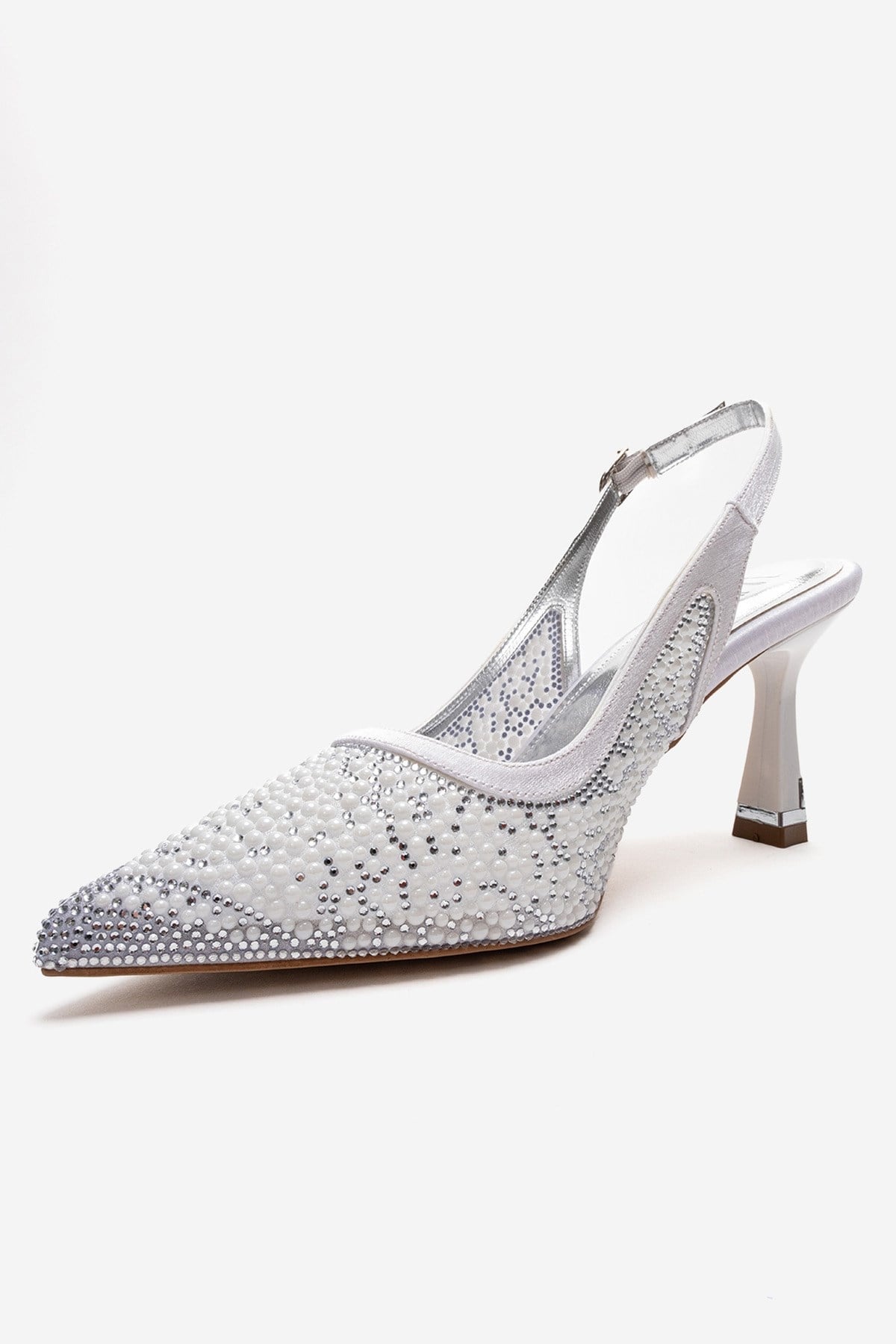 Frea - White Textile Stiletto Pump – top view showing pearl, crystal, leather, SimmiUnique