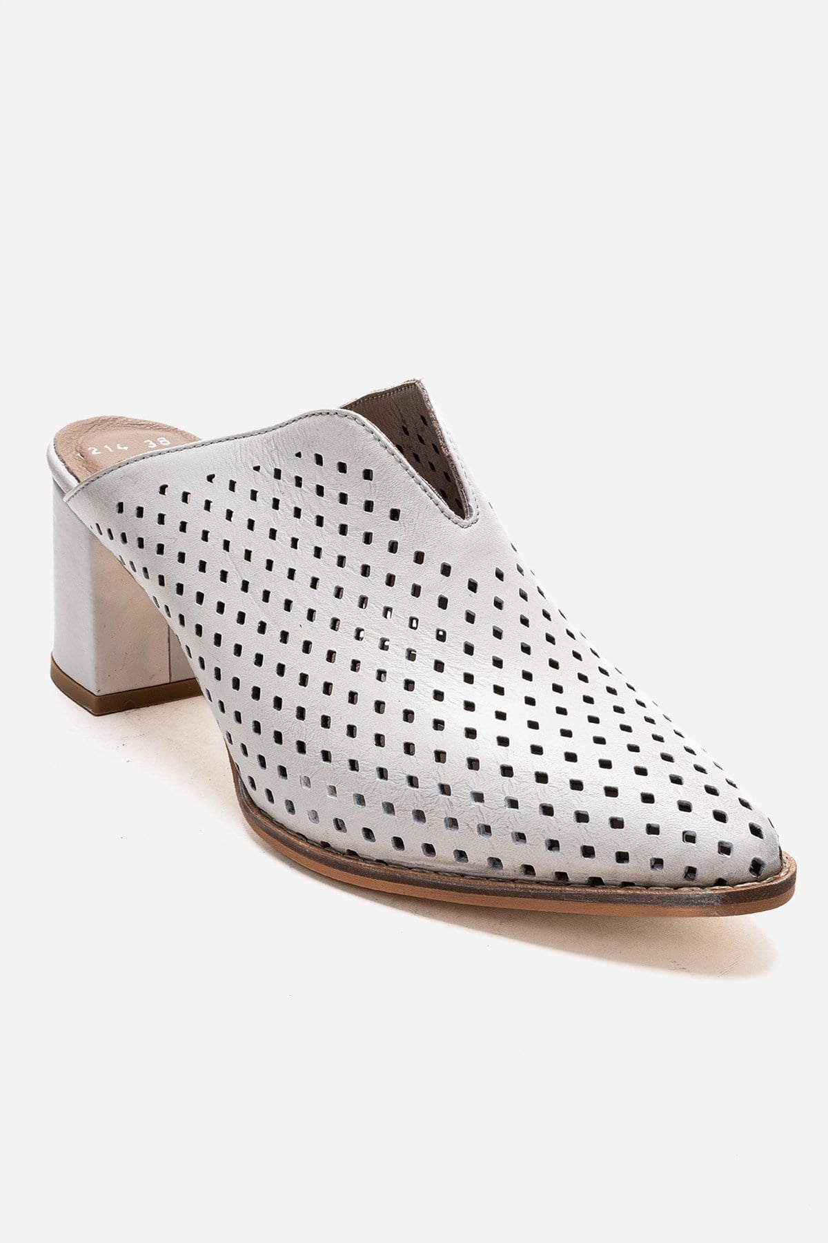 TOEN - White Genuine Leather Block Heel Mule – detail view showing leather, white, SimmiUnique
