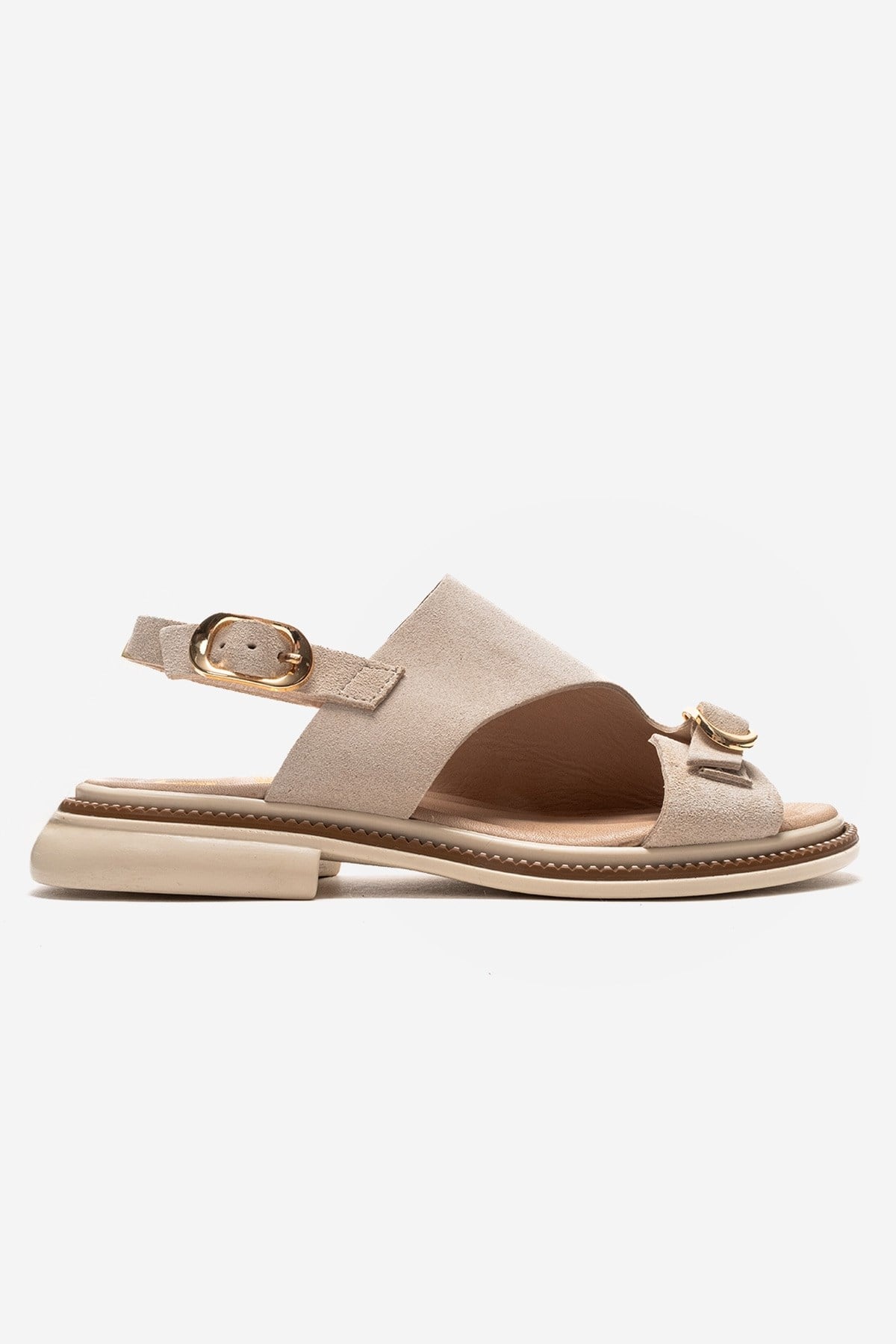 CRUEL - Beige Genuine Suede Leather Sandal – heel view showing leather, suede, SimmiUnique