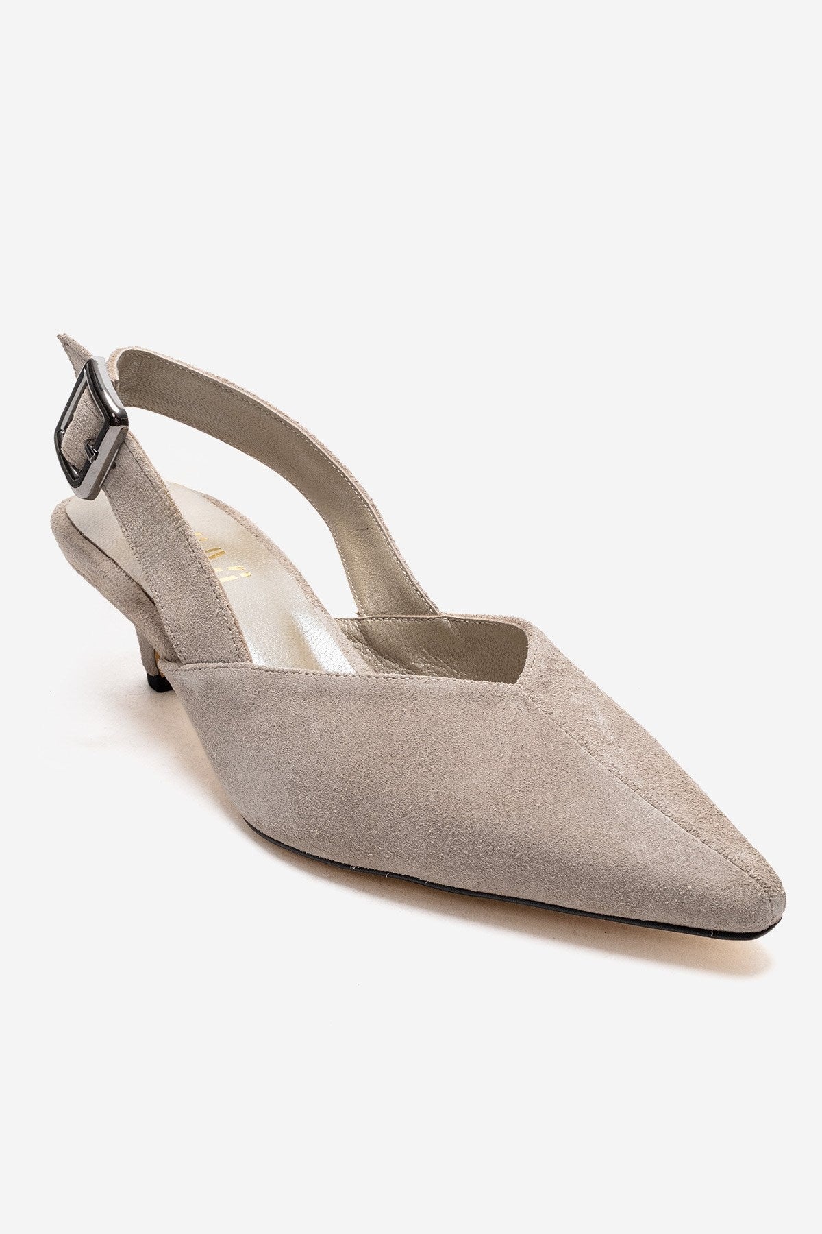 DIORIS - Beige Genuine Leather Slingback Kitten Heel Pointed Toe Pump – detail view showing leather, suede, SimmiUnique