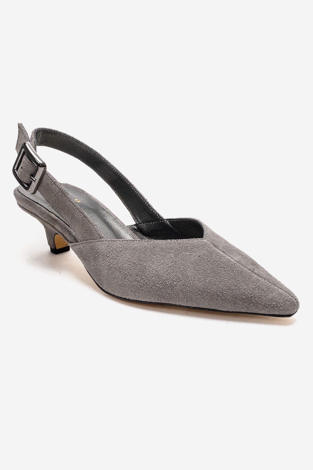 DIORIS - Gray Genuine Leather Slingback Kitten Heel Pointed Toe Pump – detail view showing leather, suede, SimmiUnique