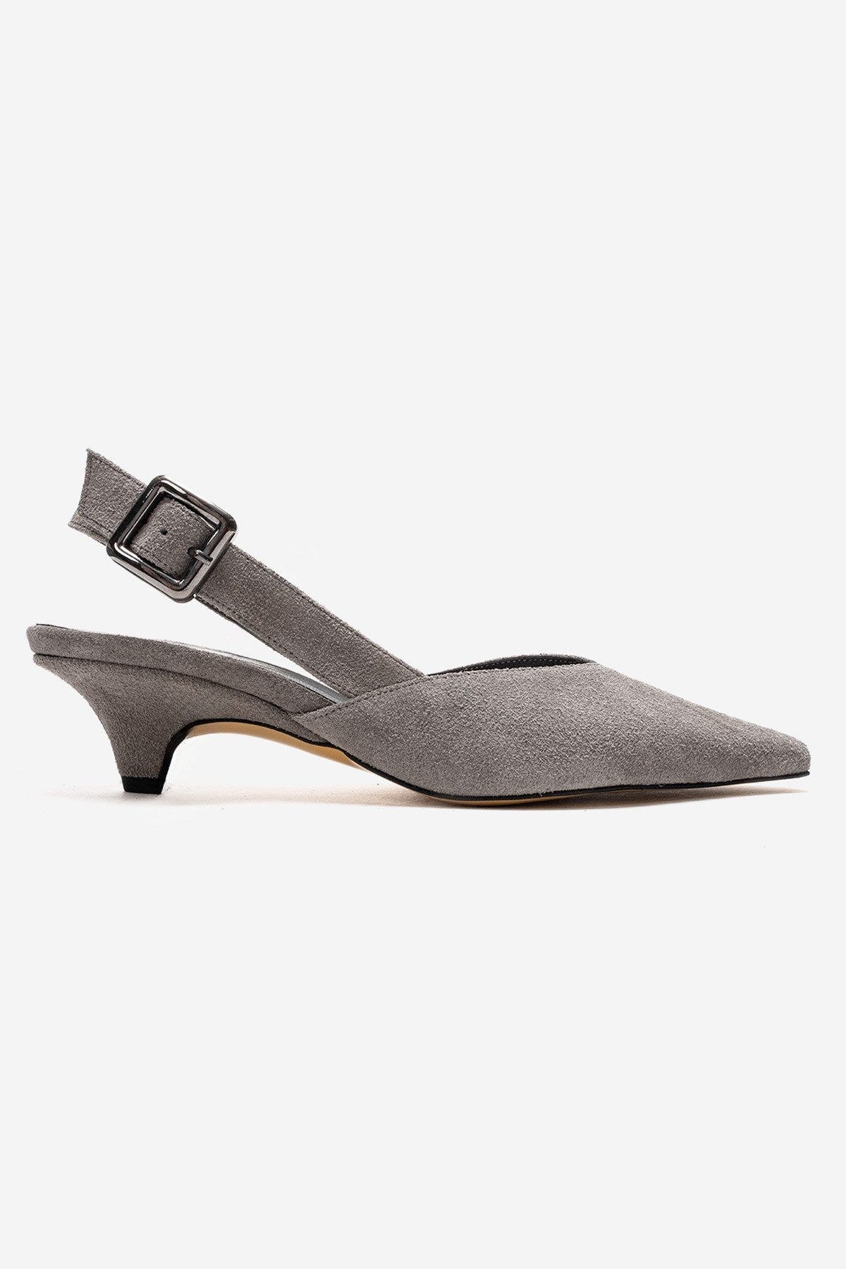 DIORIS - Gray Genuine Leather Slingback Kitten Heel Pointed Toe Pump – heel view showing leather, suede, SimmiUnique