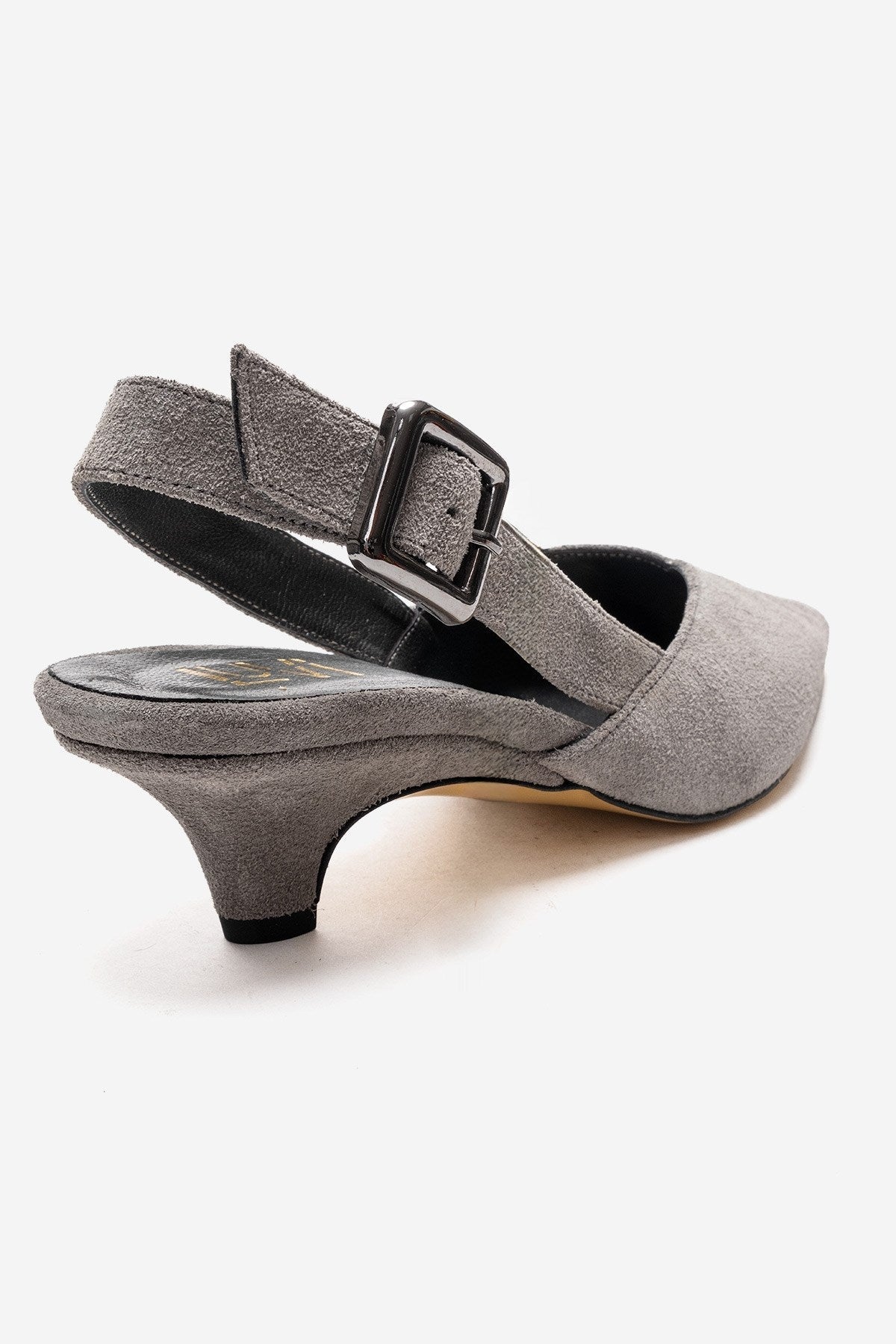 DIORIS - Gray Genuine Leather Slingback Kitten Heel Pointed Toe Pump – back view showing leather, suede, SimmiUnique