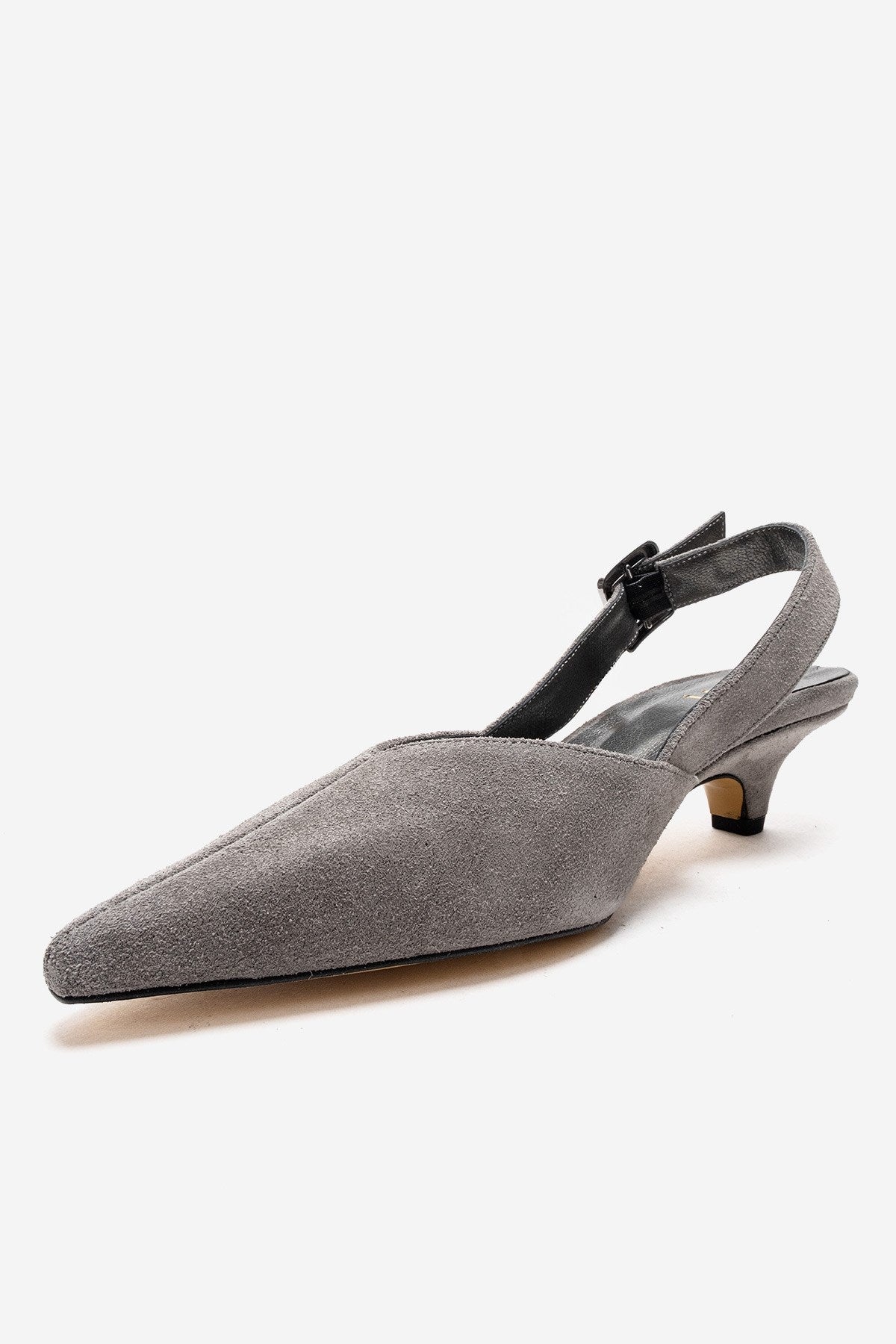DIORIS - Gray Genuine Leather Slingback Kitten Heel Pointed Toe Pump – top view showing leather, suede, SimmiUnique