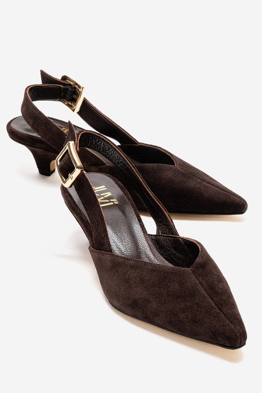 DIORIS - Brown Genuine Leather Slingback Kitten Heel Pointed Toe Pump