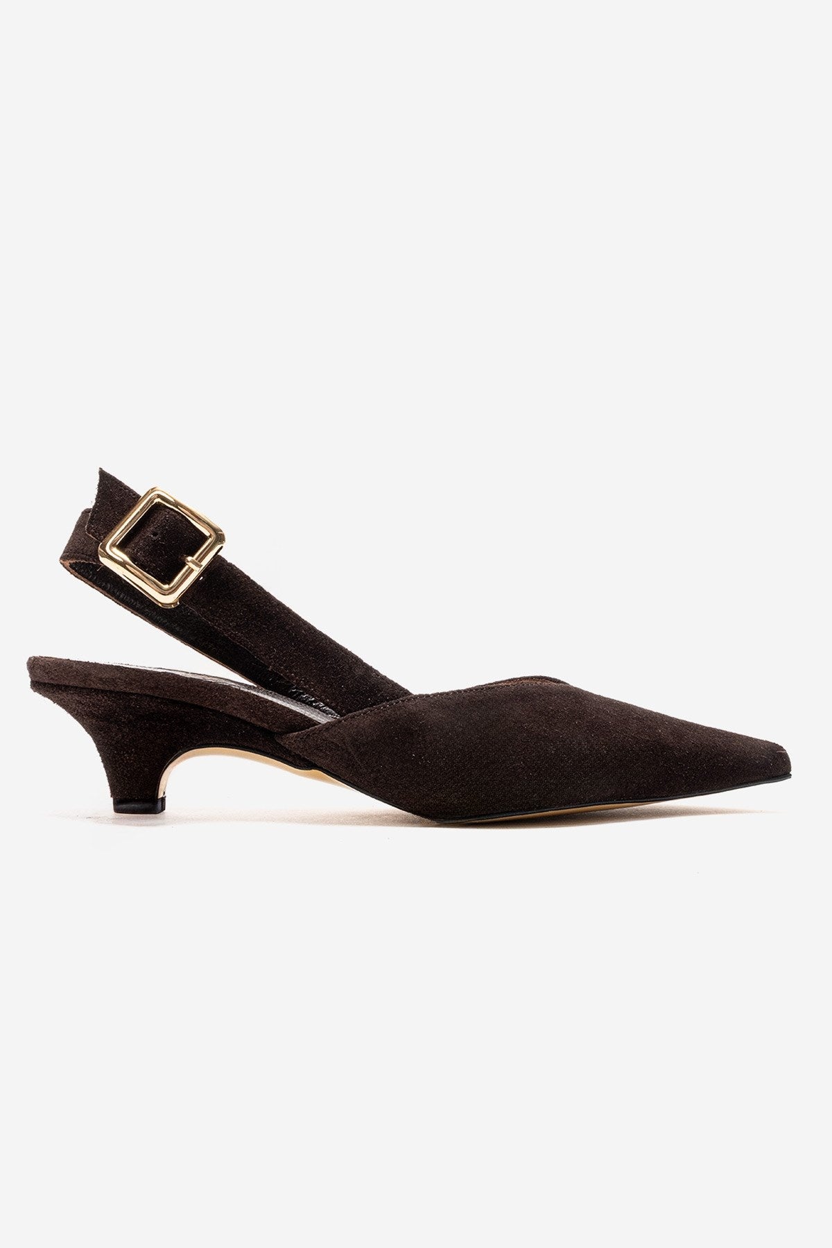 DIORIS - Brown Genuine Leather Slingback Kitten Heel Pointed Toe Pump – heel view showing leather, suede, SimmiUnique