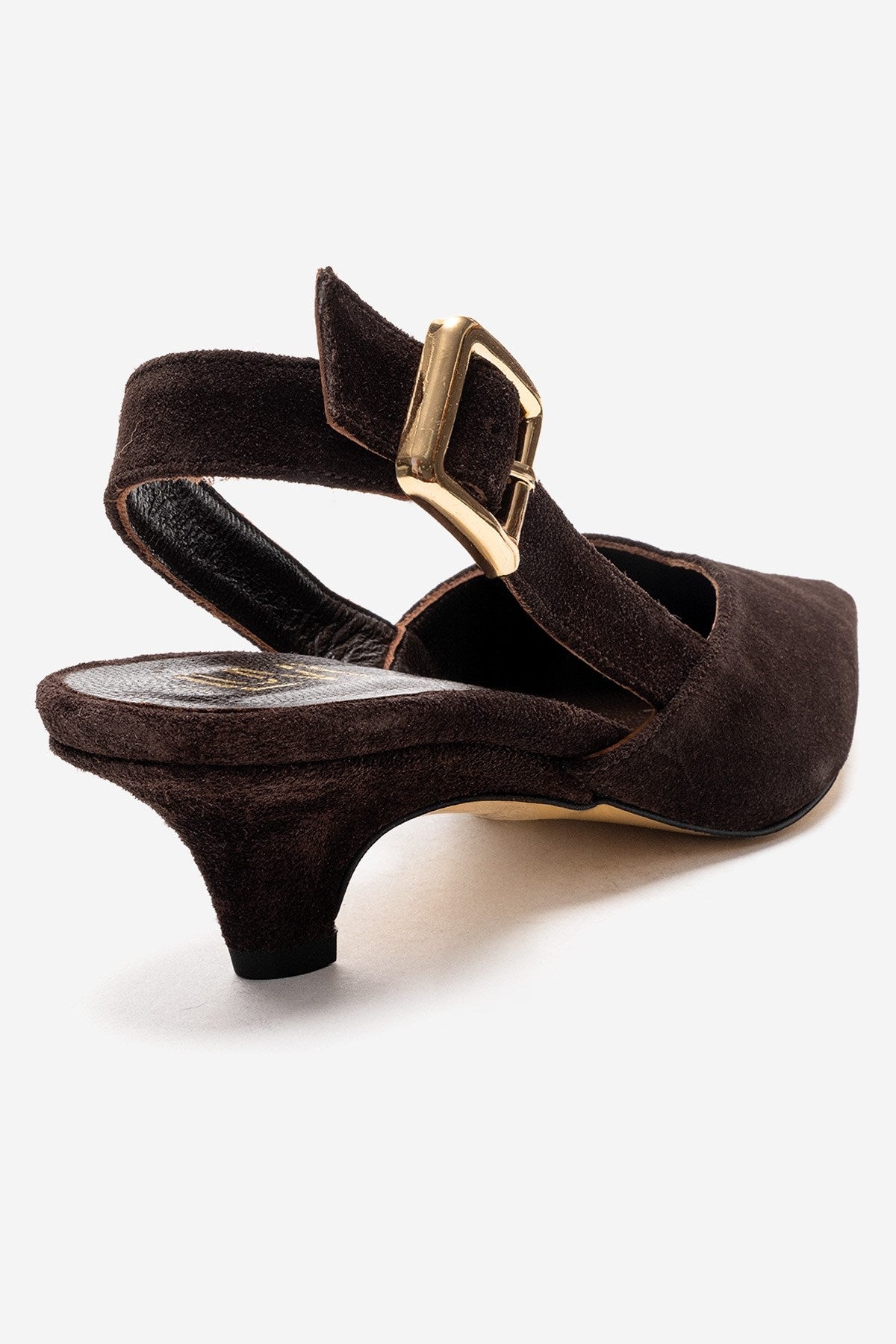 DIORIS - Brown Genuine Leather Slingback Kitten Heel Pointed Toe Pump – back view showing leather, suede, SimmiUnique