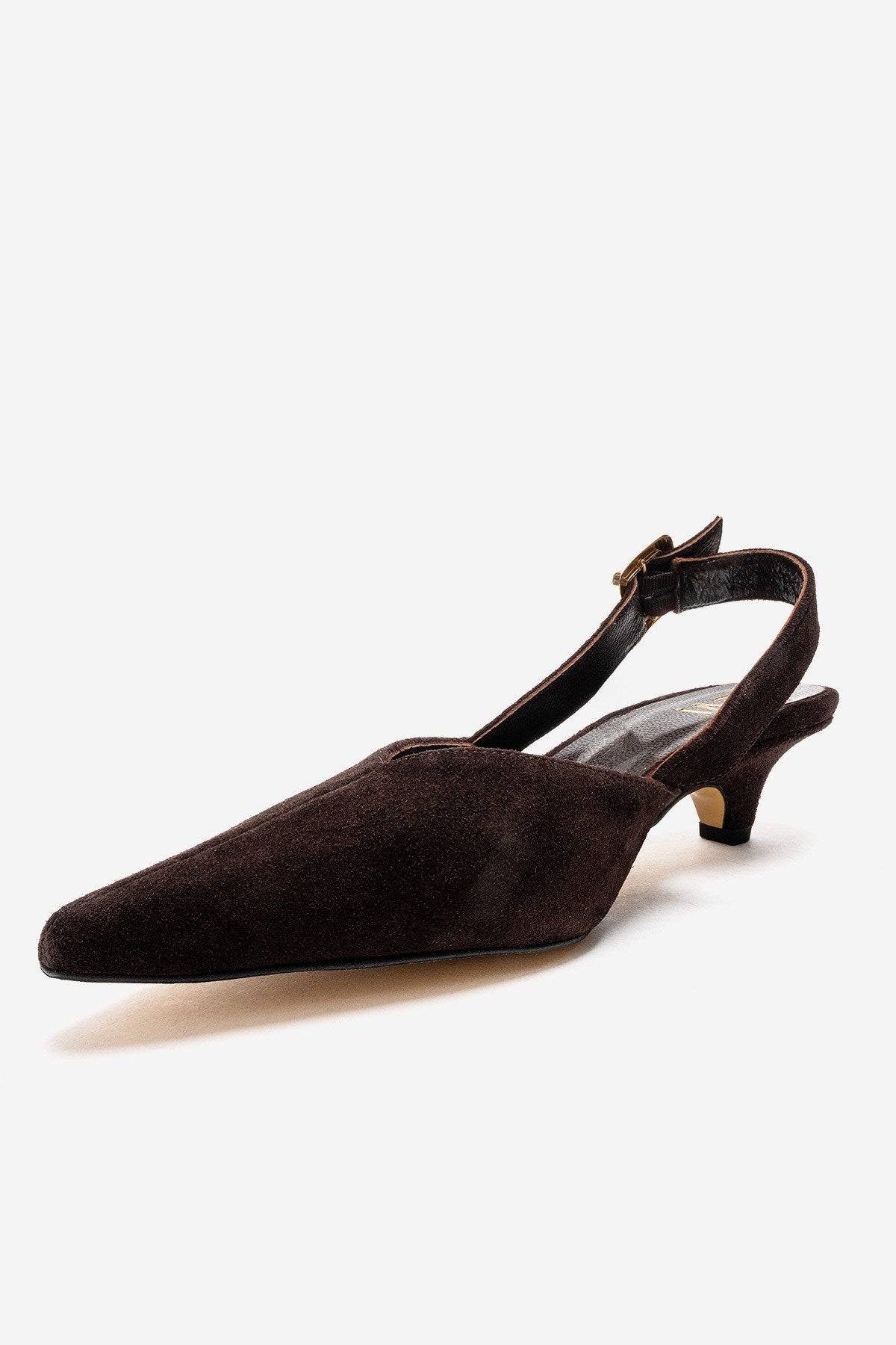 DIORIS - Brown Genuine Leather Slingback Kitten Heel Pointed Toe Pump – top view showing leather, suede, SimmiUnique