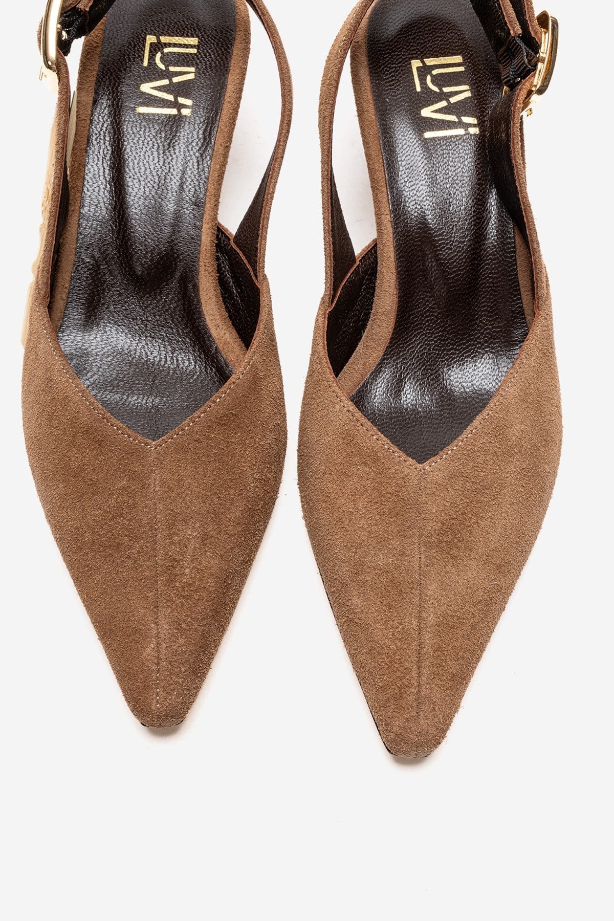 DIORIS - Camel Genuine Leather Slingback Kitten Heel Pointed Toe Pump – side view showing leather, suede, SimmiUnique