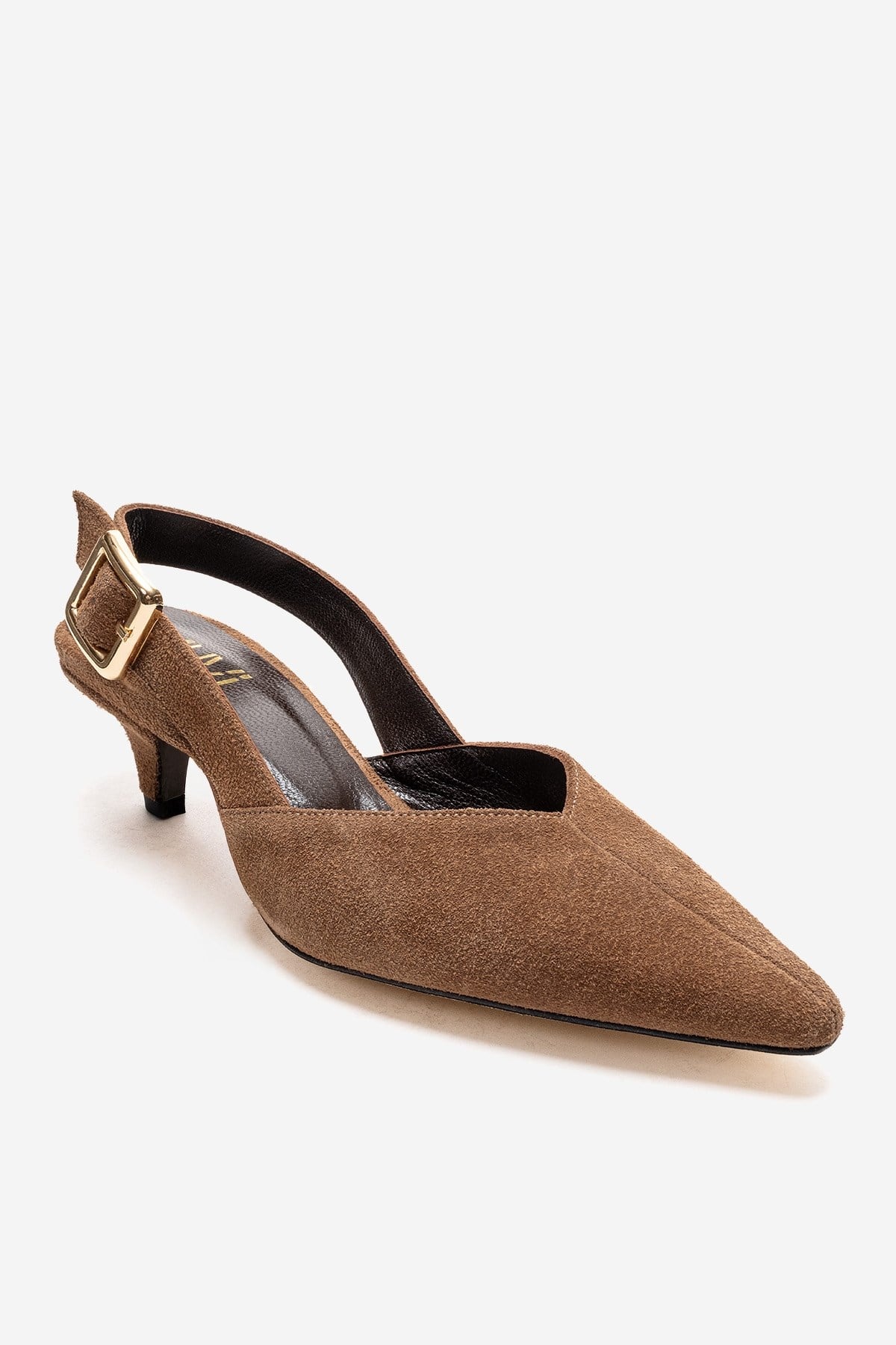 DIORIS - Camel Genuine Leather Slingback Kitten Heel Pointed Toe Pump – detail view showing leather, suede, SimmiUnique