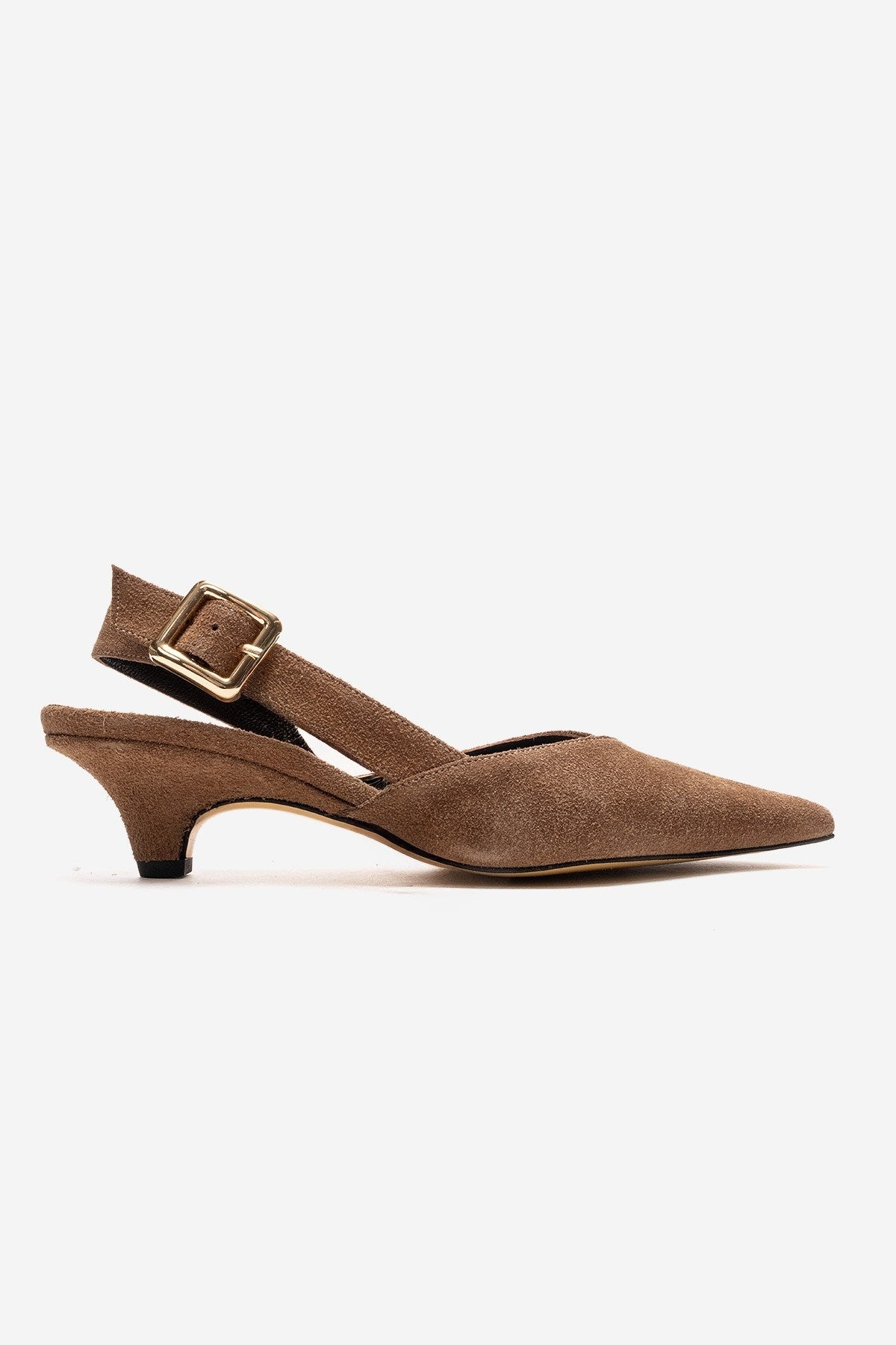 DIORIS - Camel Genuine Leather Slingback Kitten Heel Pointed Toe Pump – heel view showing leather, suede, SimmiUnique