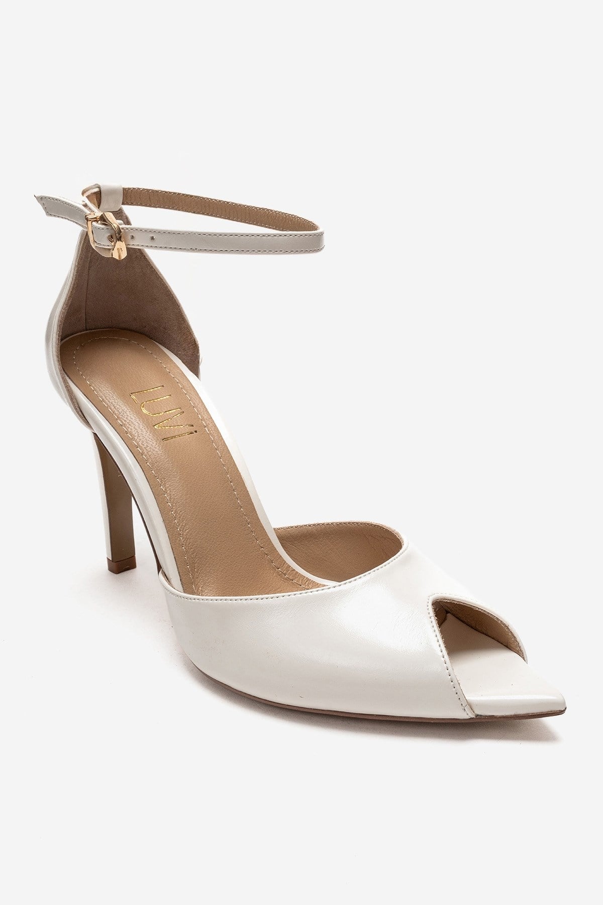 DONA - Off-White Stiletto Pump – detail view showing leather, white, SimmiUnique