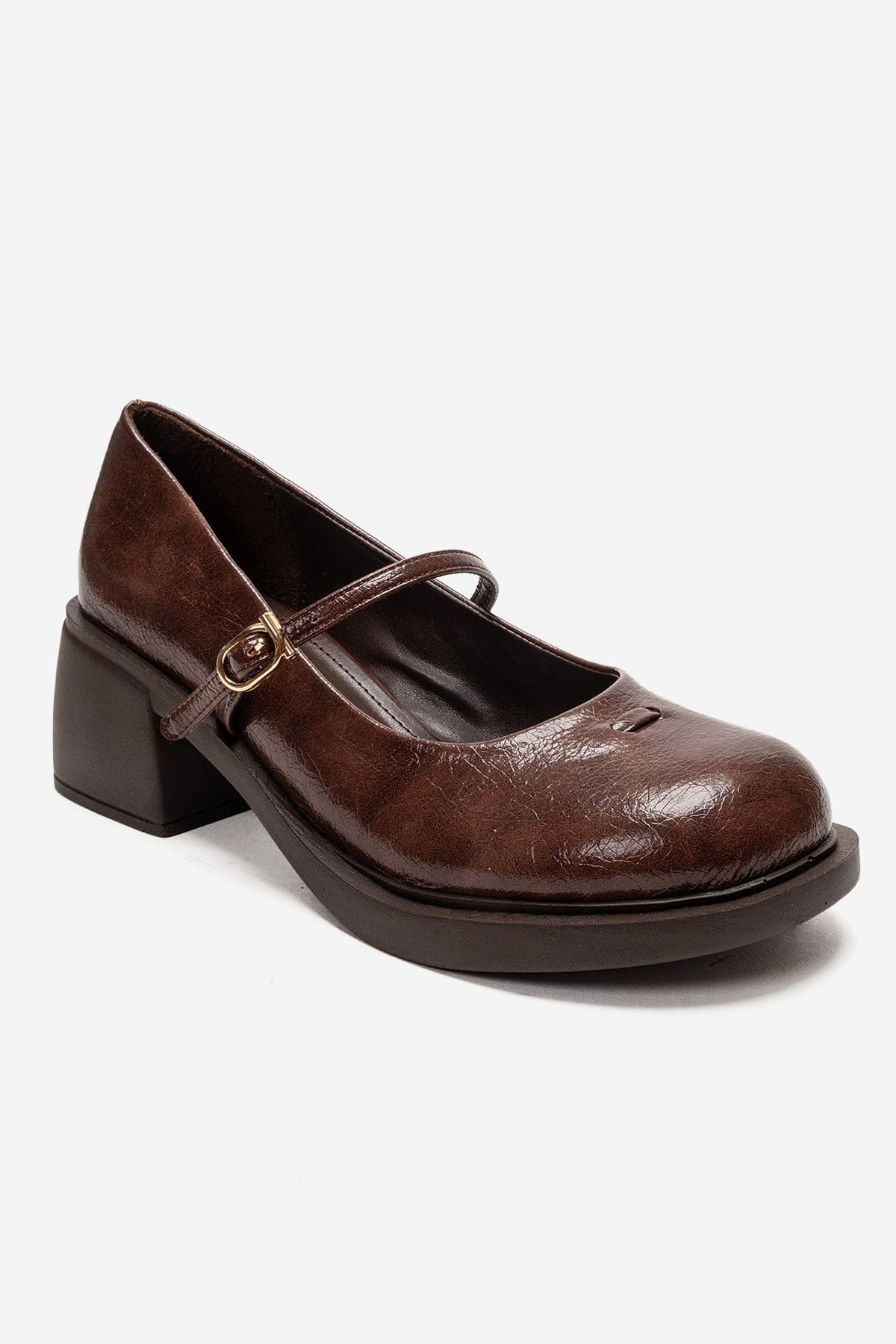 LUANDA - Cognac Genuine Leather Block Heel Mary Jane – detail view showing leather, SimmiUnique