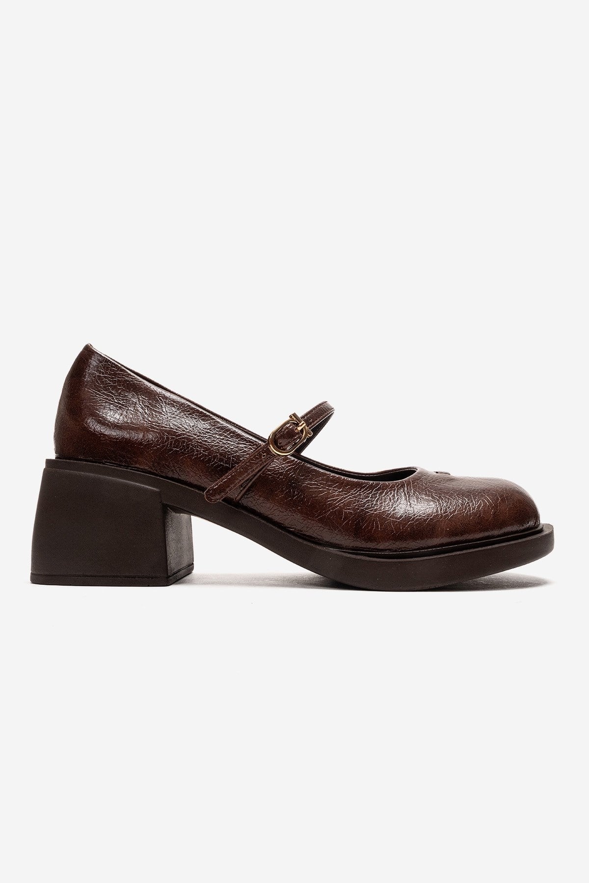 LUANDA - Cognac Genuine Leather Block Heel Mary Jane – heel view showing leather, SimmiUnique