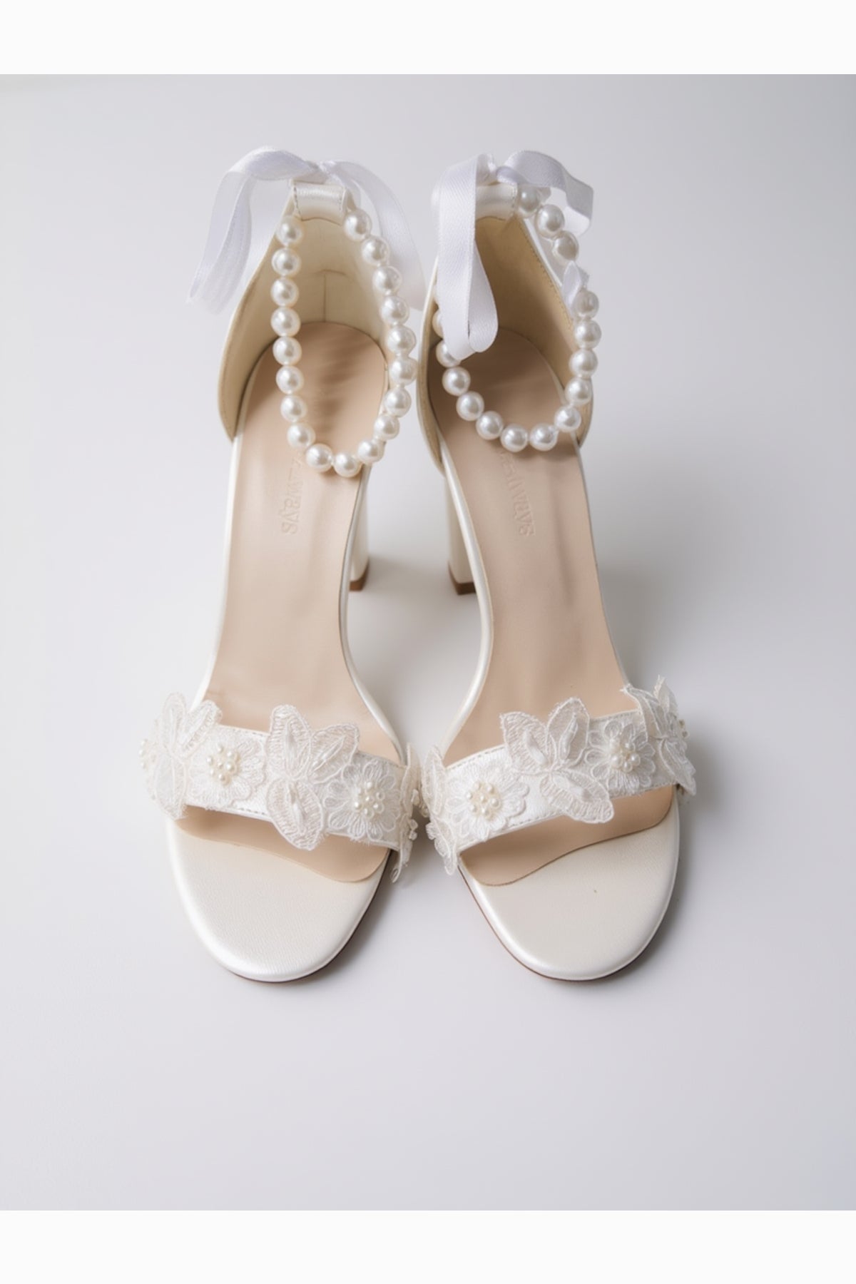 Elvian Floral Block Heels Bridal Shoes – heel view showing pearl, SimmiUnique