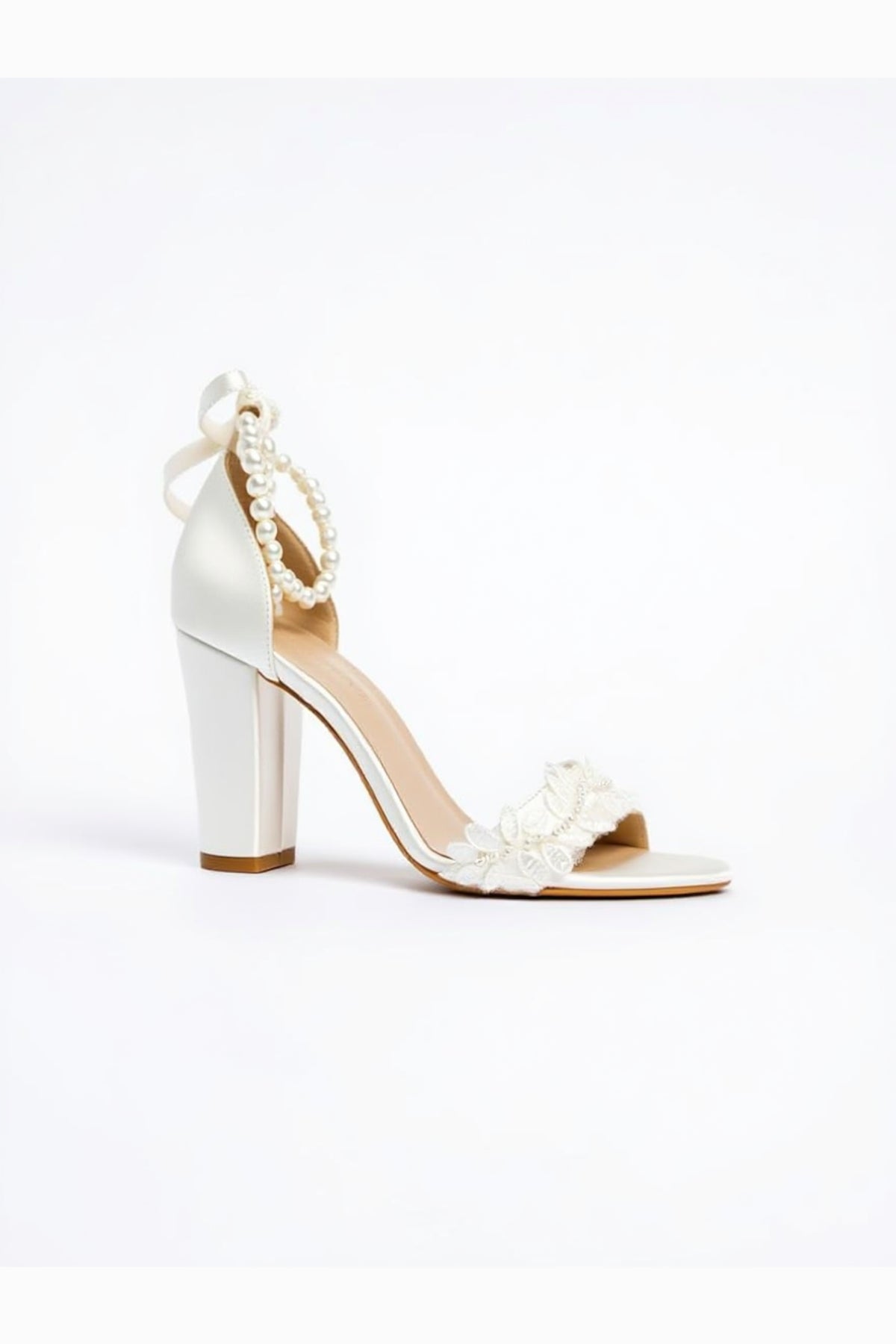 Elysia Pearl And Lace Wedding Heels – front three-quarter view showing pearl, lace, red, SimmiUnique
