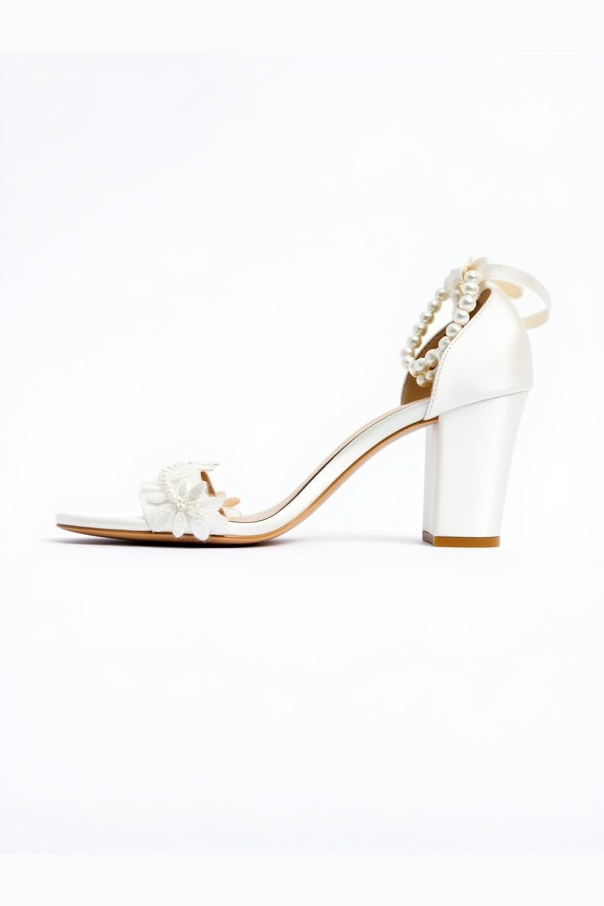 Elysia Pearl And Lace Wedding Heels – side view showing pearl, lace, red, SimmiUnique
