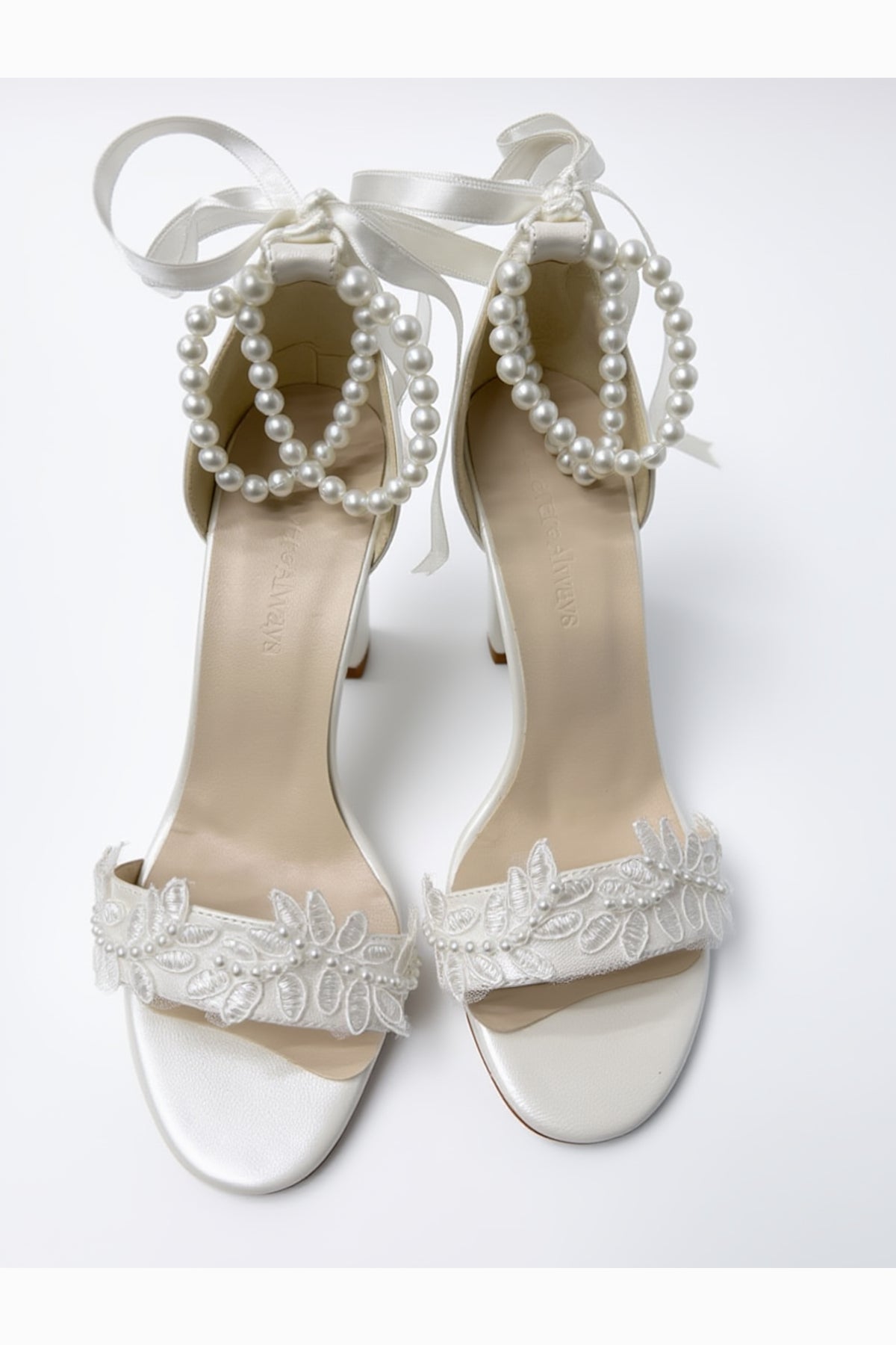 Elysia Pearl And Lace Wedding Heels – back view showing pearl, lace, red, SimmiUnique