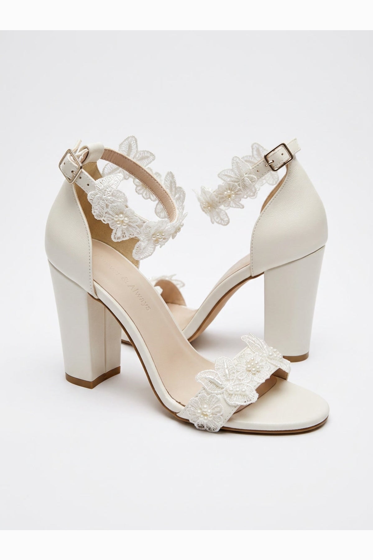 Florielle Lace Wedding Heels – back view showing pearl, lace, SimmiUnique