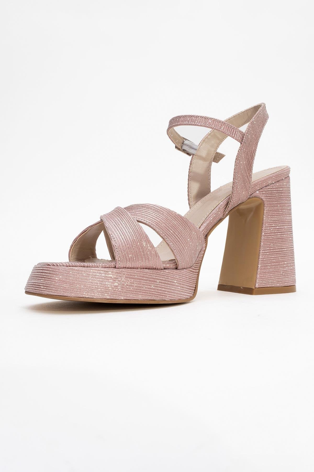 Lello - Pink Striped Platform Heel Shoe – heel view showing leather, pink, SimmiUnique