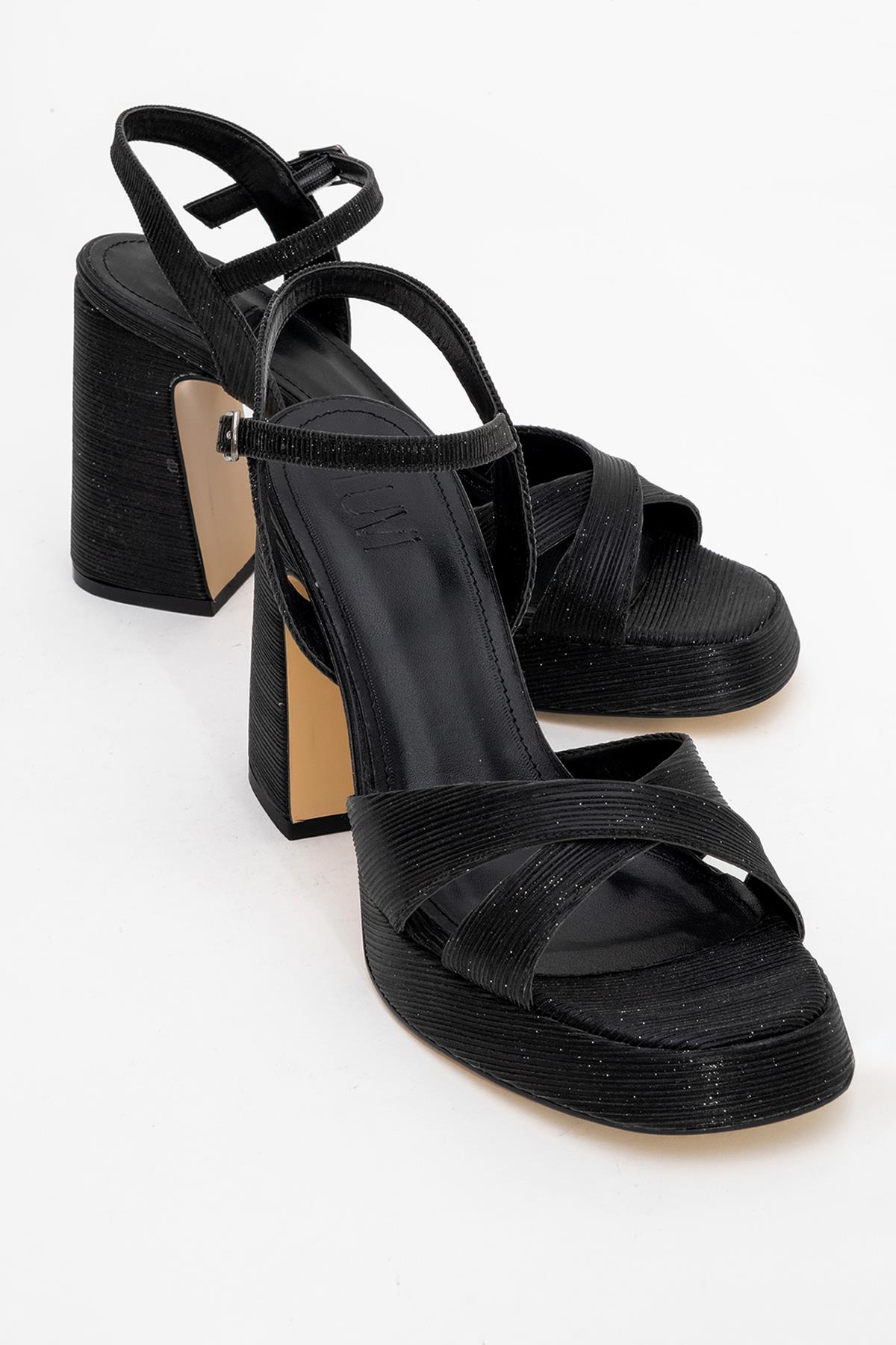 Lello - Black Striped Platform Heel Shoe – front three-quarter view showing leather, black, SimmiUnique