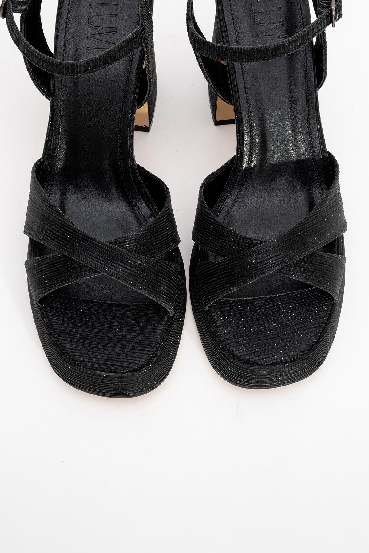 Lello - Black Striped Platform Heel Shoe – side view showing leather, black, SimmiUnique