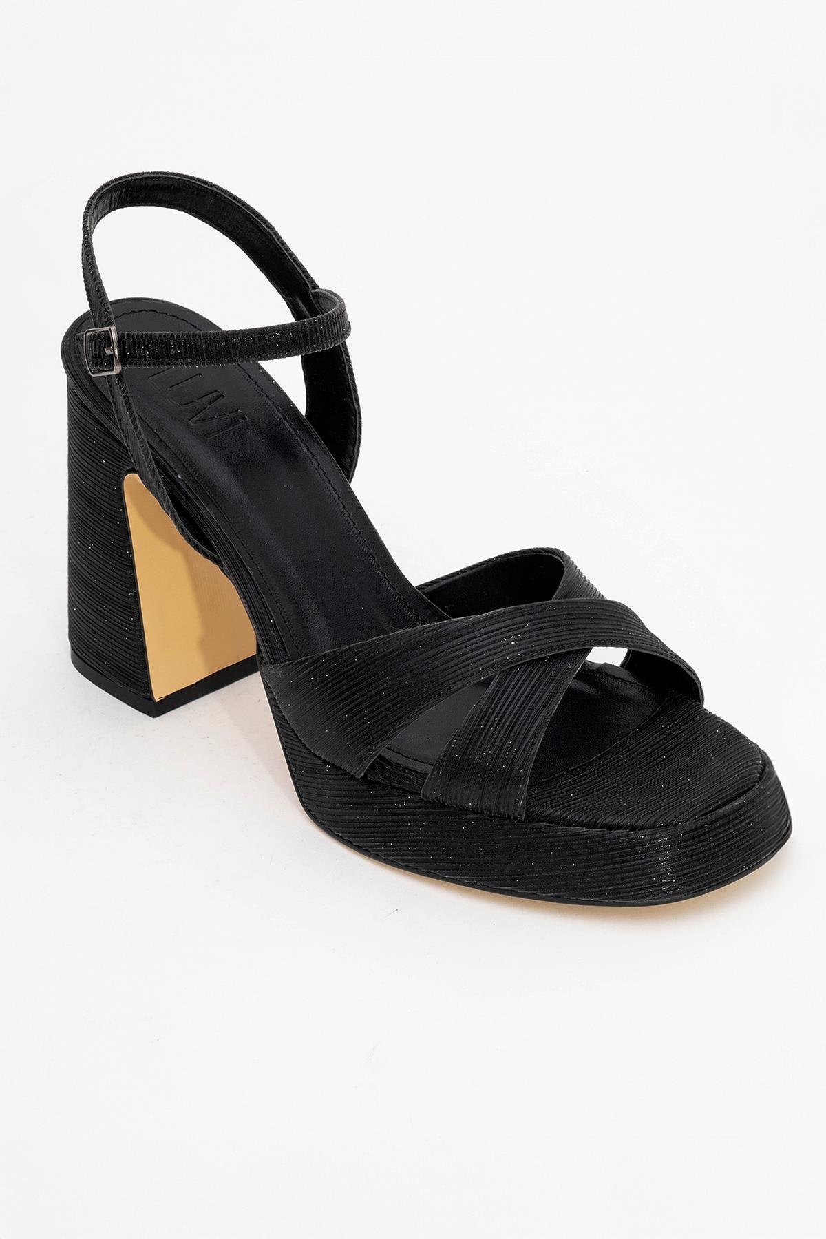 Lello - Black Striped Platform Heel Shoe – detail view showing leather, black, SimmiUnique