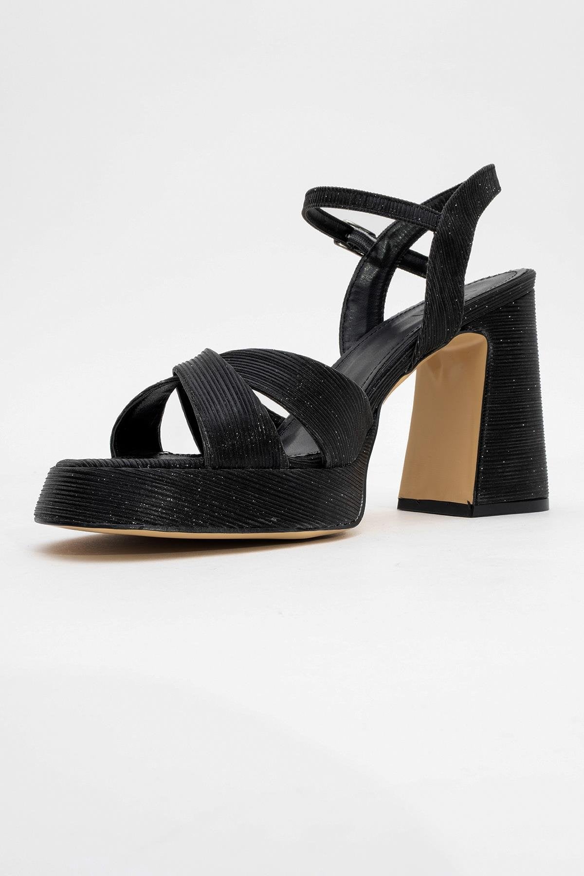 Lello - Black Striped Platform Heel Shoe – heel view showing leather, black, SimmiUnique