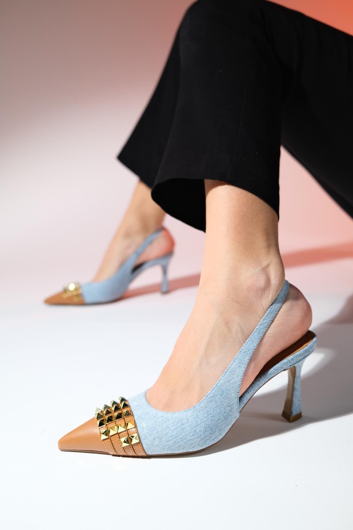 Aella - Denim Blue & Cognac Pointed Toe High Heel Shoe – front three-quarter view showing leather, blue, SimmiUnique