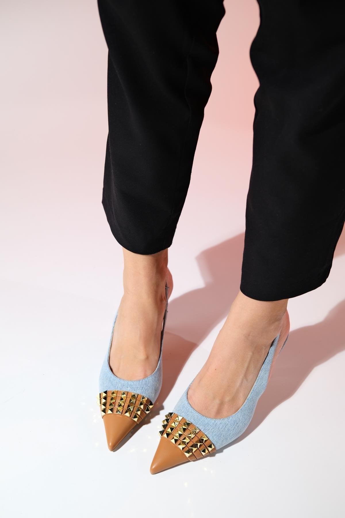 Aella - Denim Blue & Cognac Pointed Toe High Heel Shoe – side view showing leather, blue, SimmiUnique