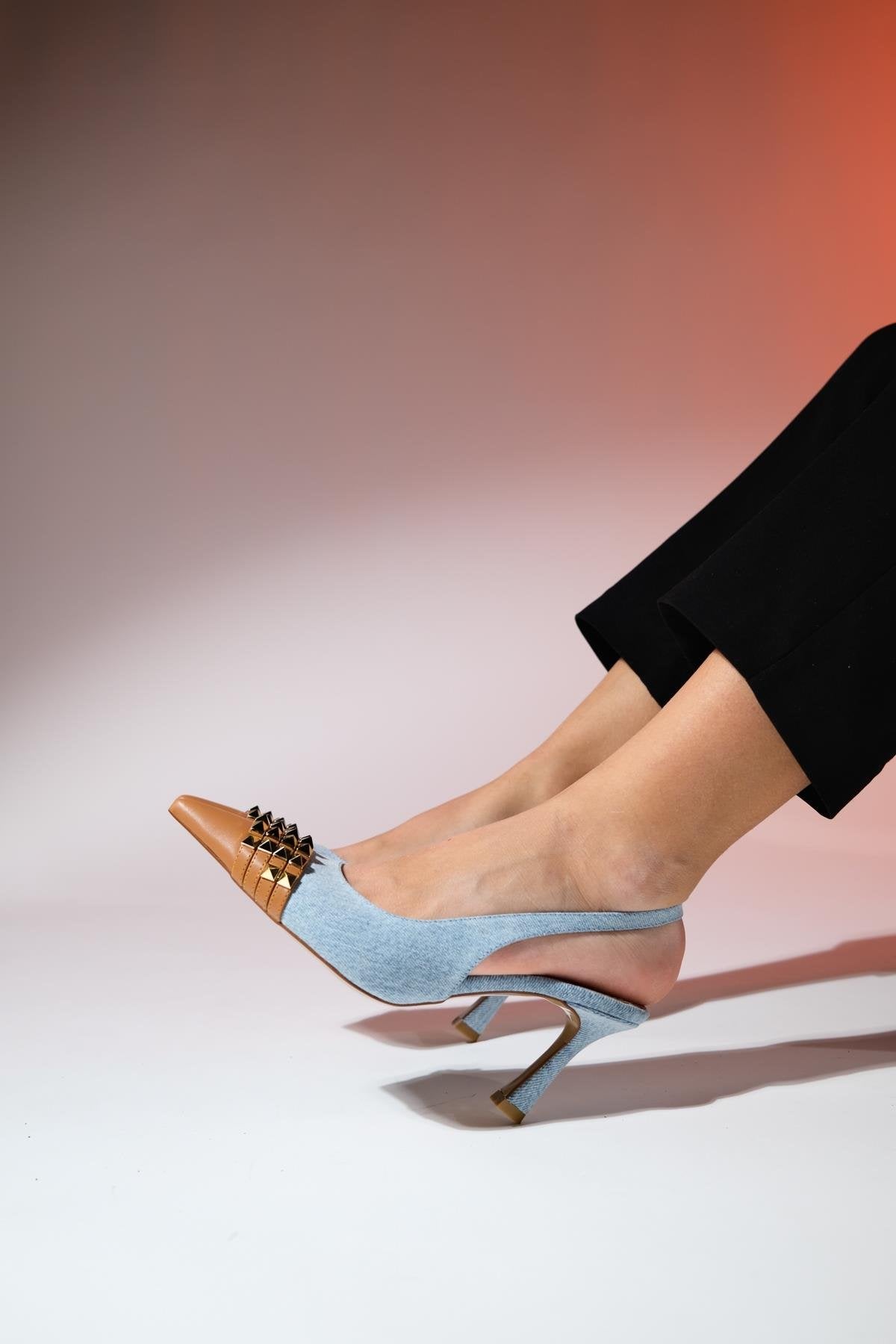 Aella - Denim Blue & Cognac Pointed Toe High Heel Shoe – heel view showing leather, blue, SimmiUnique
