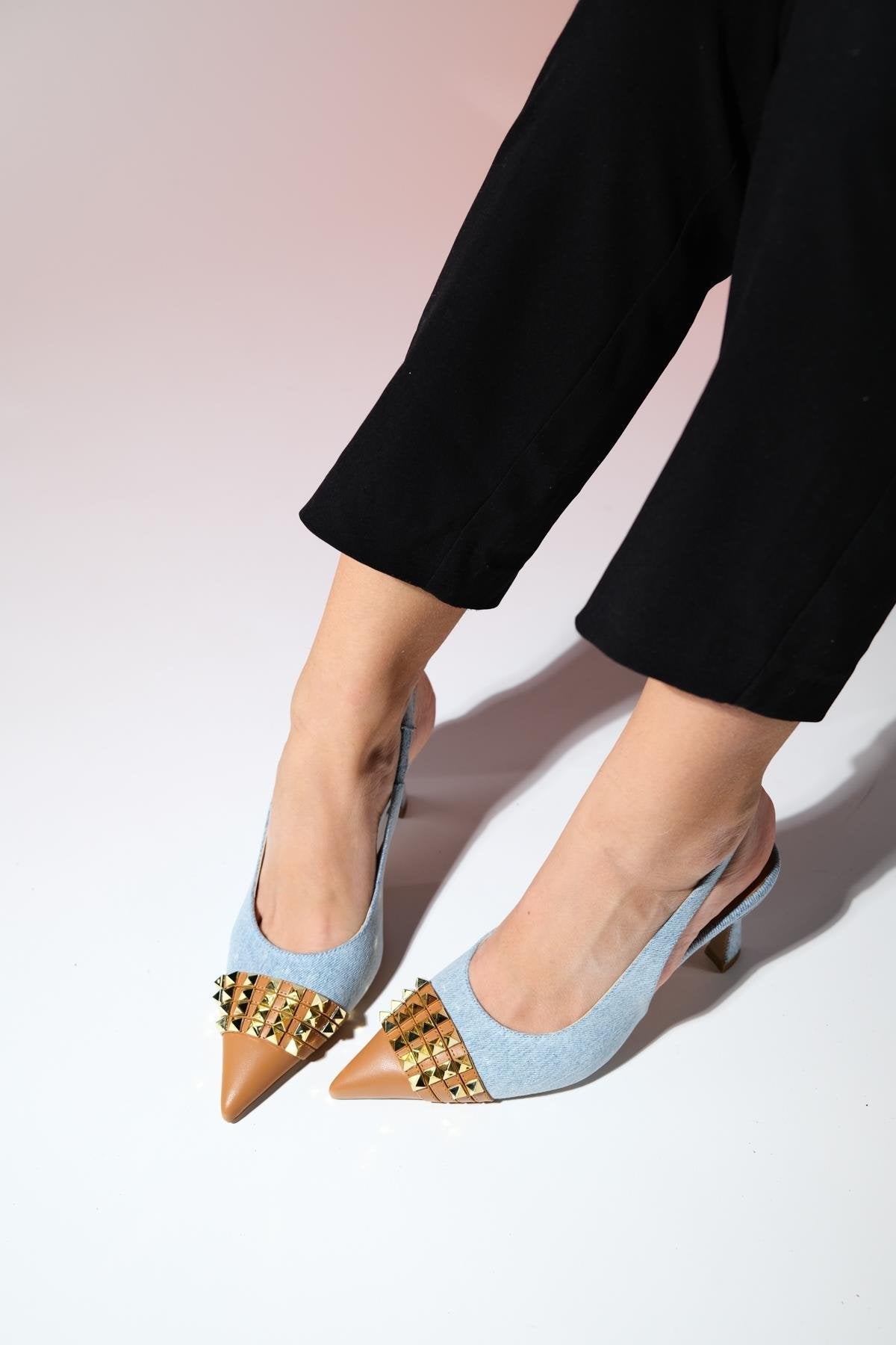 Aella - Denim Blue & Cognac Pointed Toe High Heel Shoe – top view showing leather, blue, SimmiUnique