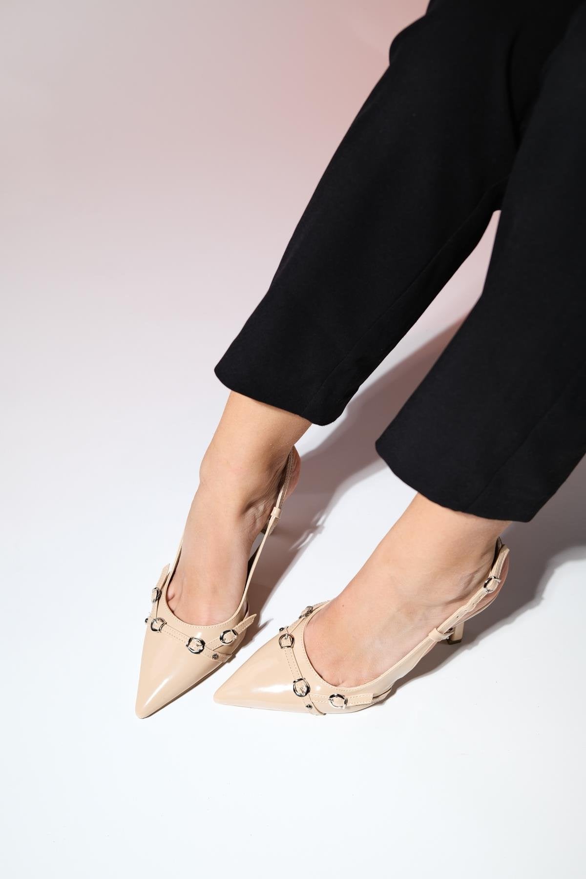 Faroe - Beige Patent Pointed Toe High Heel Pump – top view showing leather, SimmiUnique
