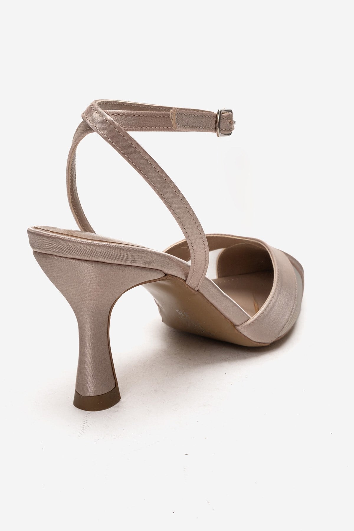 ESTELA - Beige Satin Stiletto Pump – back view showing satin, leather, mesh, SimmiUnique
