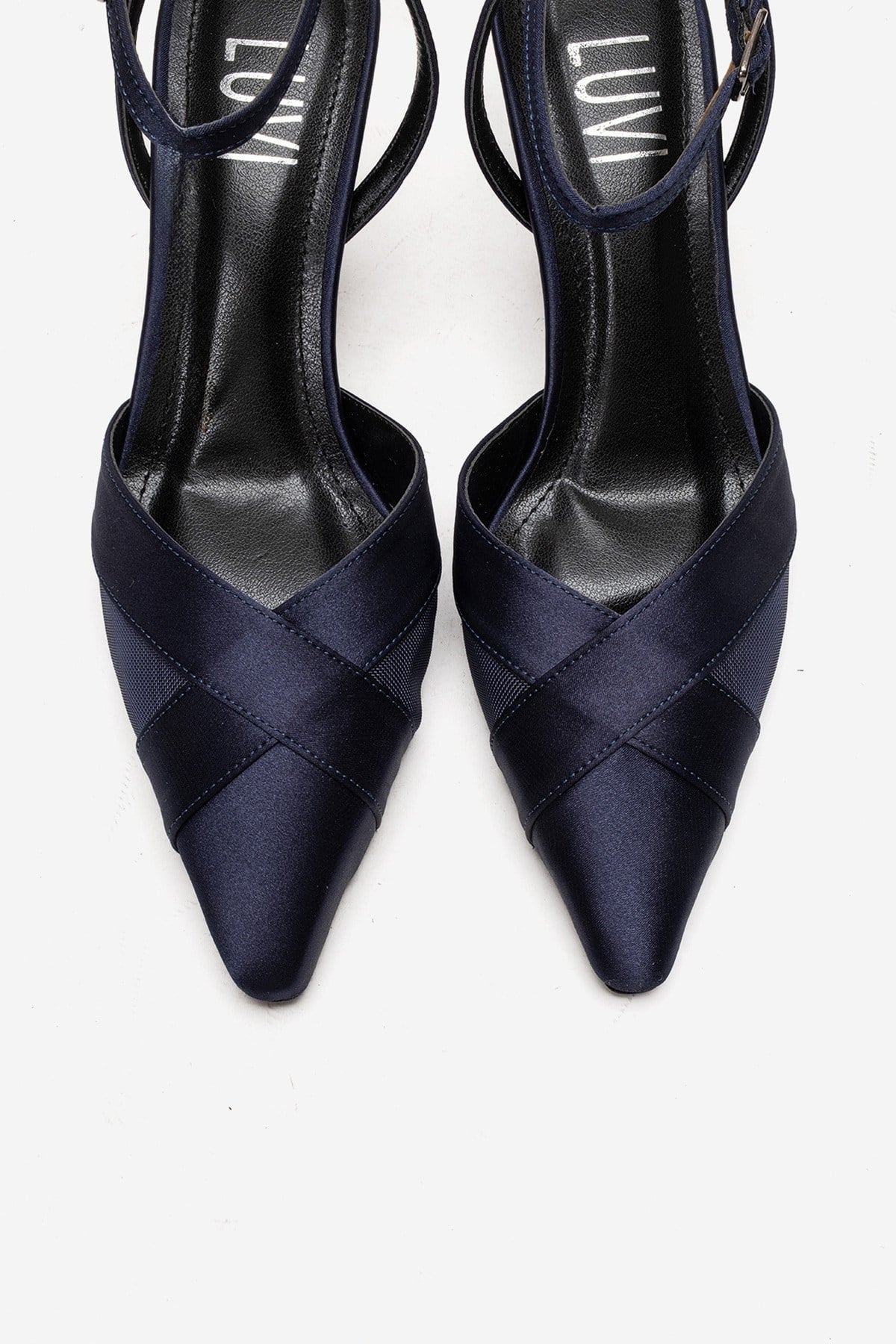 ESTELA - Navy Satin Stiletto Pump – side view showing satin, leather, mesh, SimmiUnique