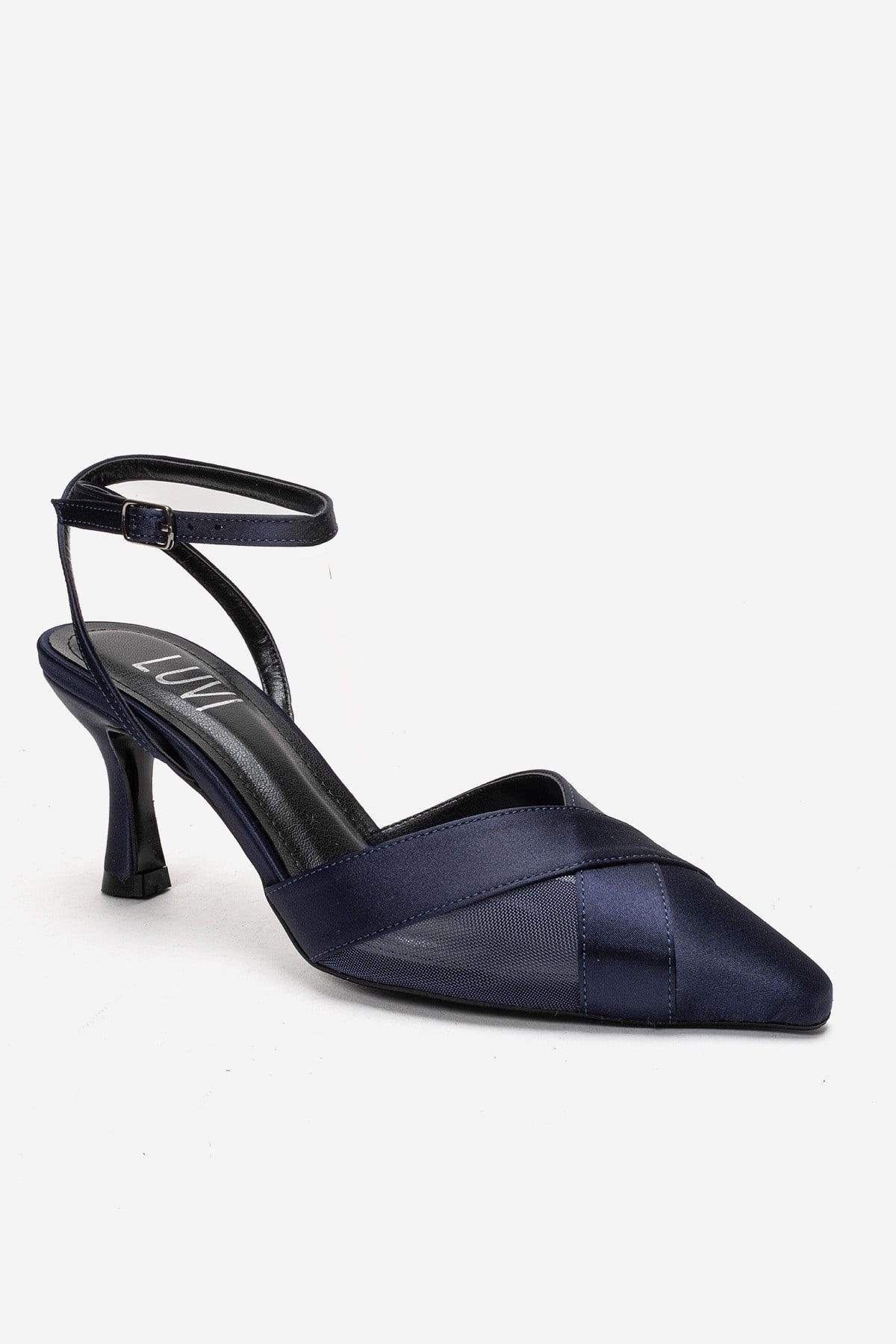 ESTELA - Navy Satin Stiletto Pump – detail view showing satin, leather, mesh, SimmiUnique