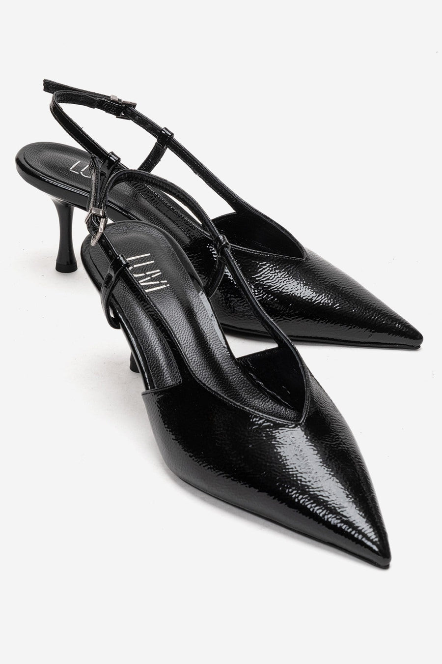 Irena - Black Patent Backless Pointed Toe Stiletto Pump, Genuine Leath