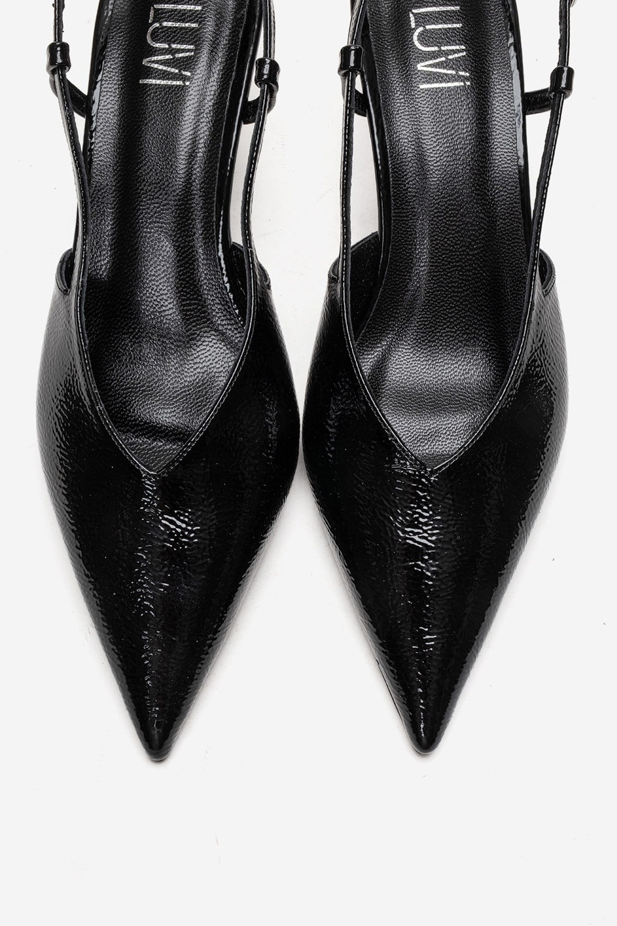 Irena - Black Patent Backless Pointed Toe Stiletto Pump, Genuine Leath – side view showing leather, black, SimmiUnique