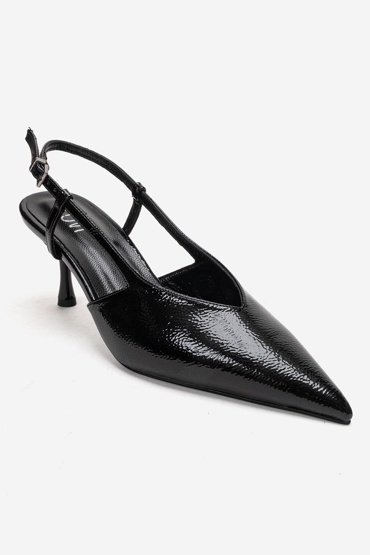 Irena - Black Patent Backless Pointed Toe Stiletto Pump, Genuine Leath – detail view showing leather, black, SimmiUnique