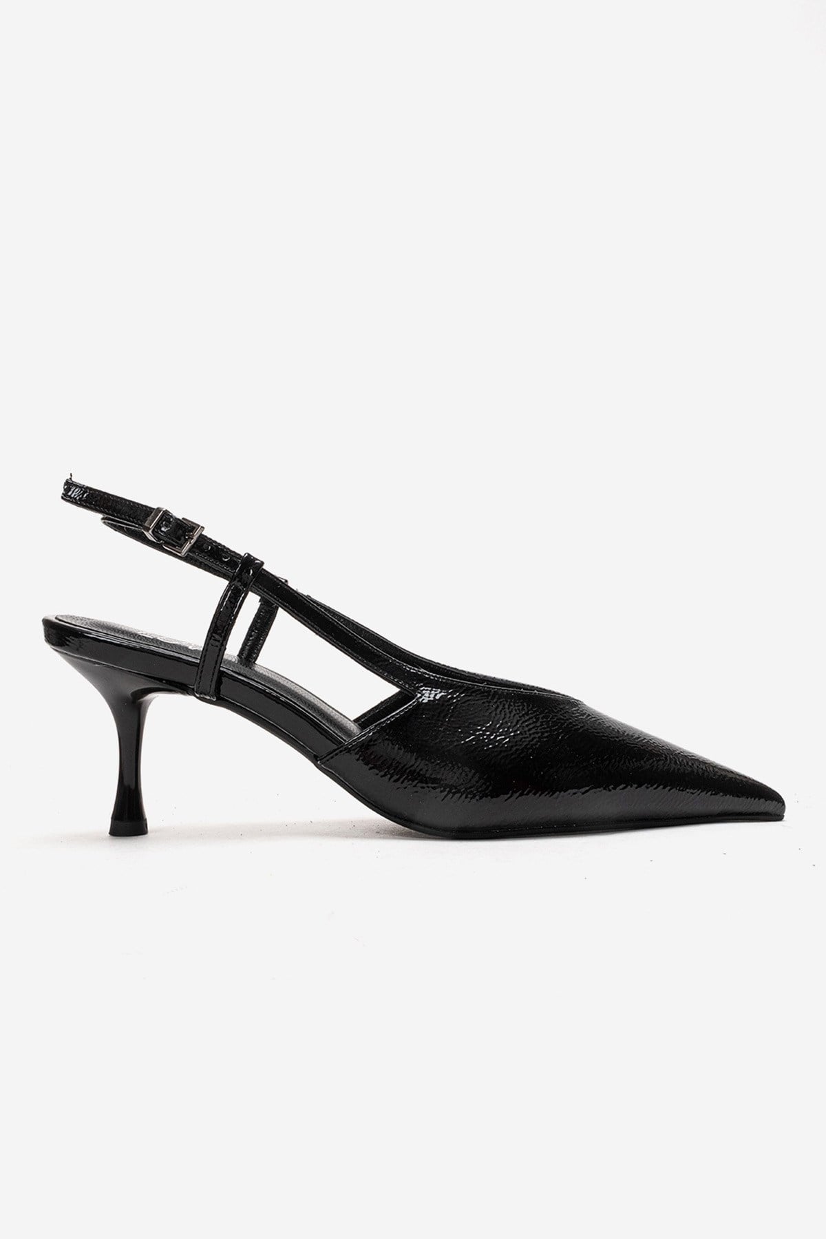 Irena - Black Patent Backless Pointed Toe Stiletto Pump, Genuine Leath – heel view showing leather, black, SimmiUnique
