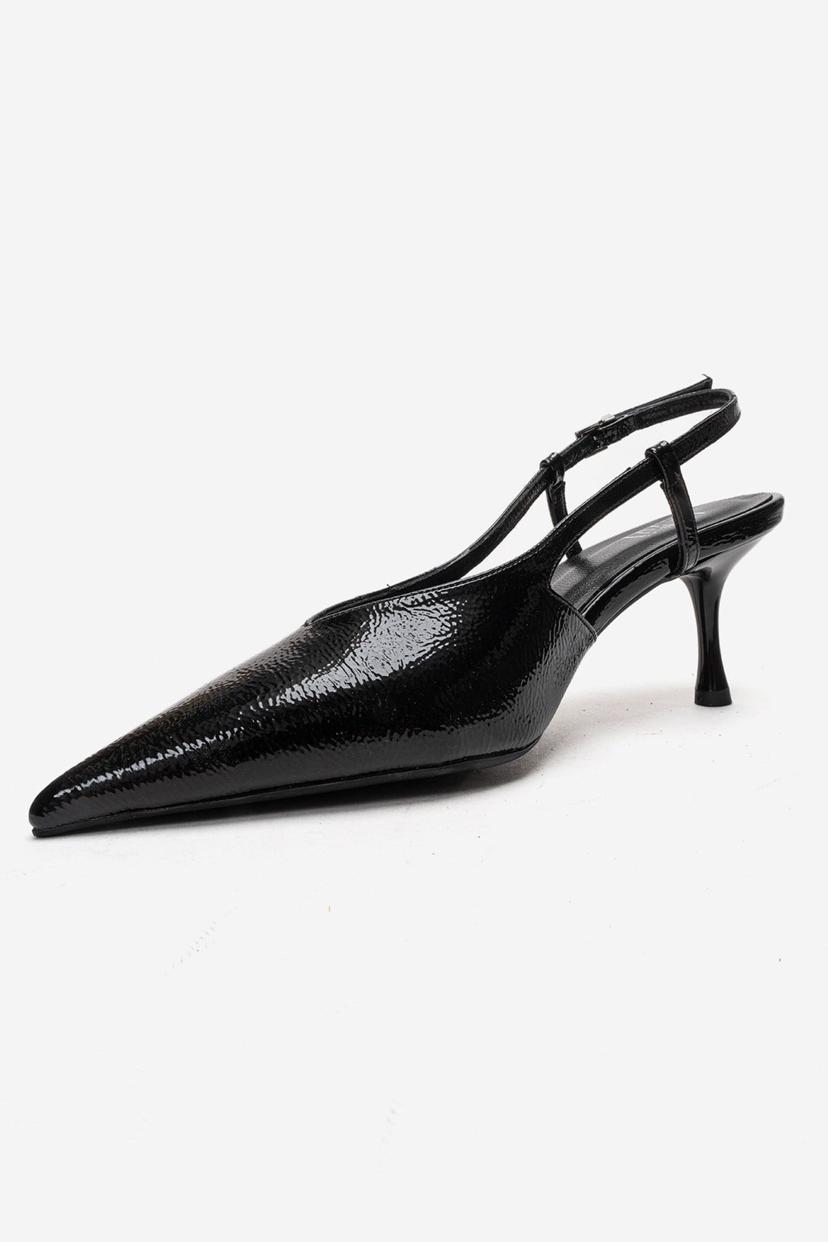 Irena - Black Patent Backless Pointed Toe Stiletto Pump, Genuine Leath – top view showing leather, black, SimmiUnique