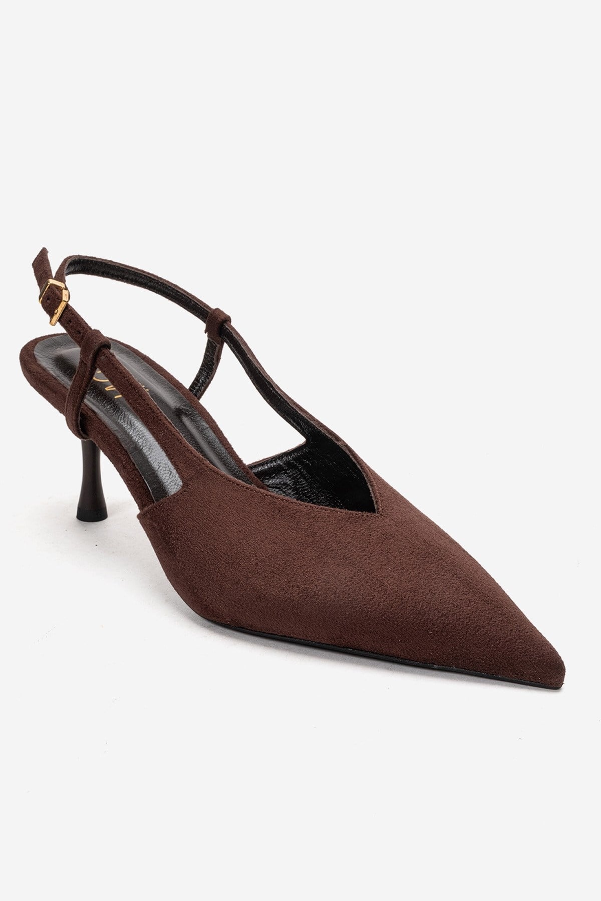 Irena - Brown Genuine Leather Pointed Slingback Stiletto Pump – detail view showing leather, suede, SimmiUnique