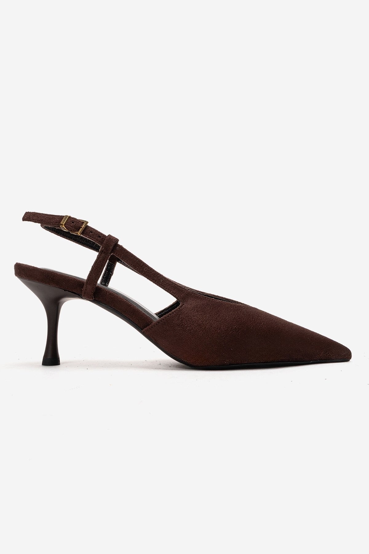 Irena - Brown Genuine Leather Pointed Slingback Stiletto Pump – heel view showing leather, suede, SimmiUnique